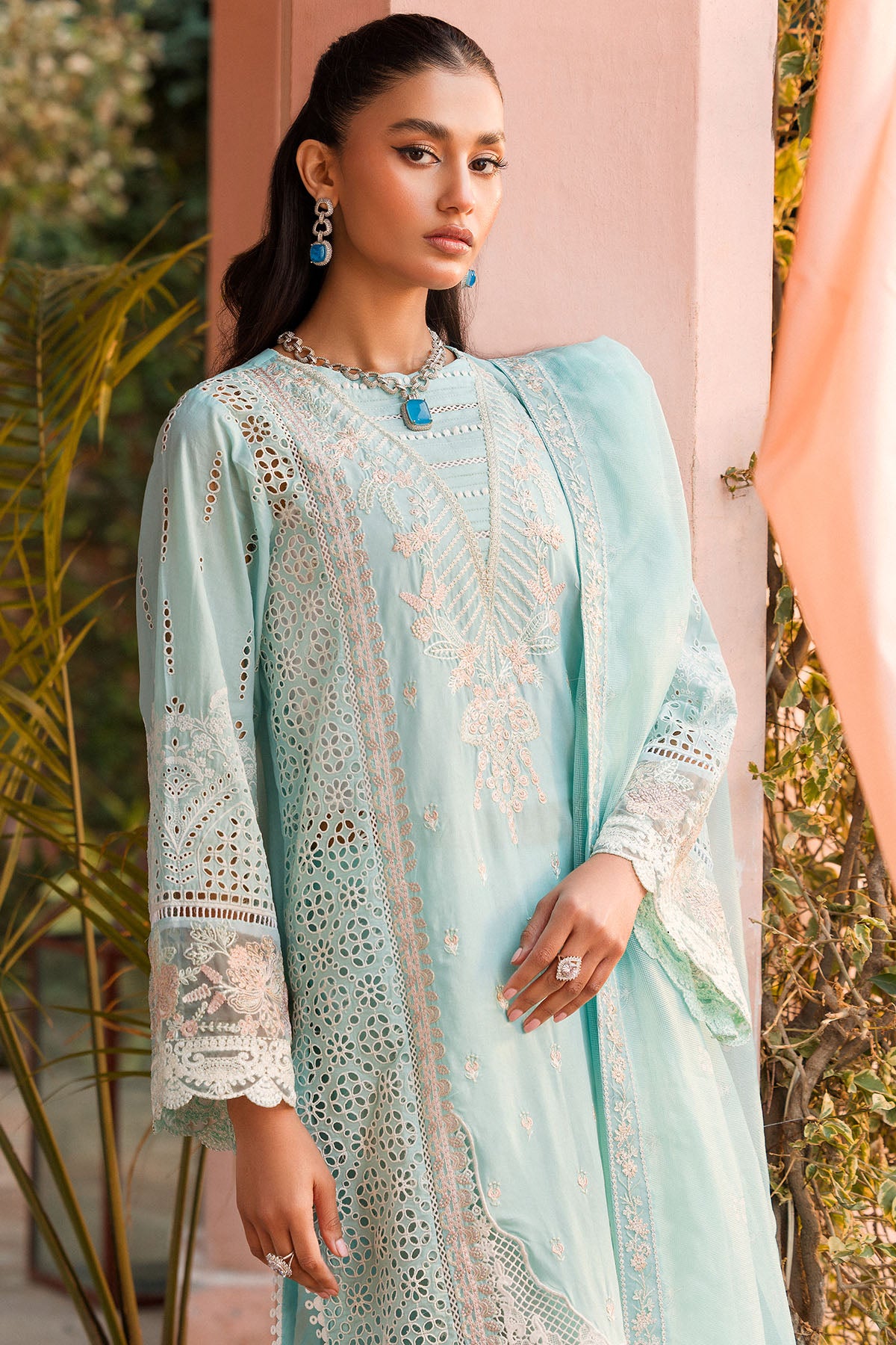 Pakistani Aqua Schiffli Embroidered Lawn 3-Piece Suit - Image 2