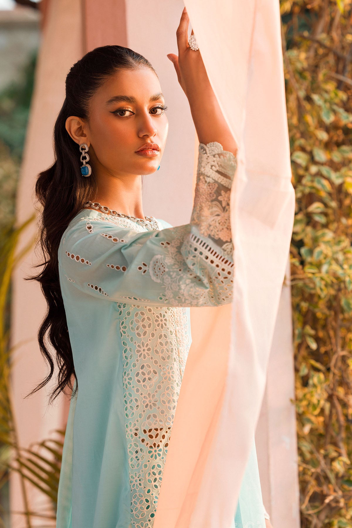 Pakistani Aqua Schiffli Embroidered Lawn 3-Piece Suit - Image 4