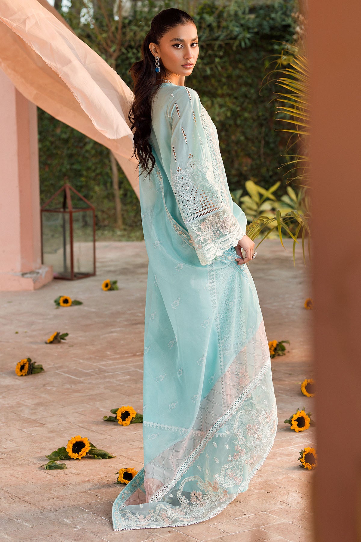 Pakistani Aqua Schiffli Embroidered Lawn 3-Piece Suit - Image 7