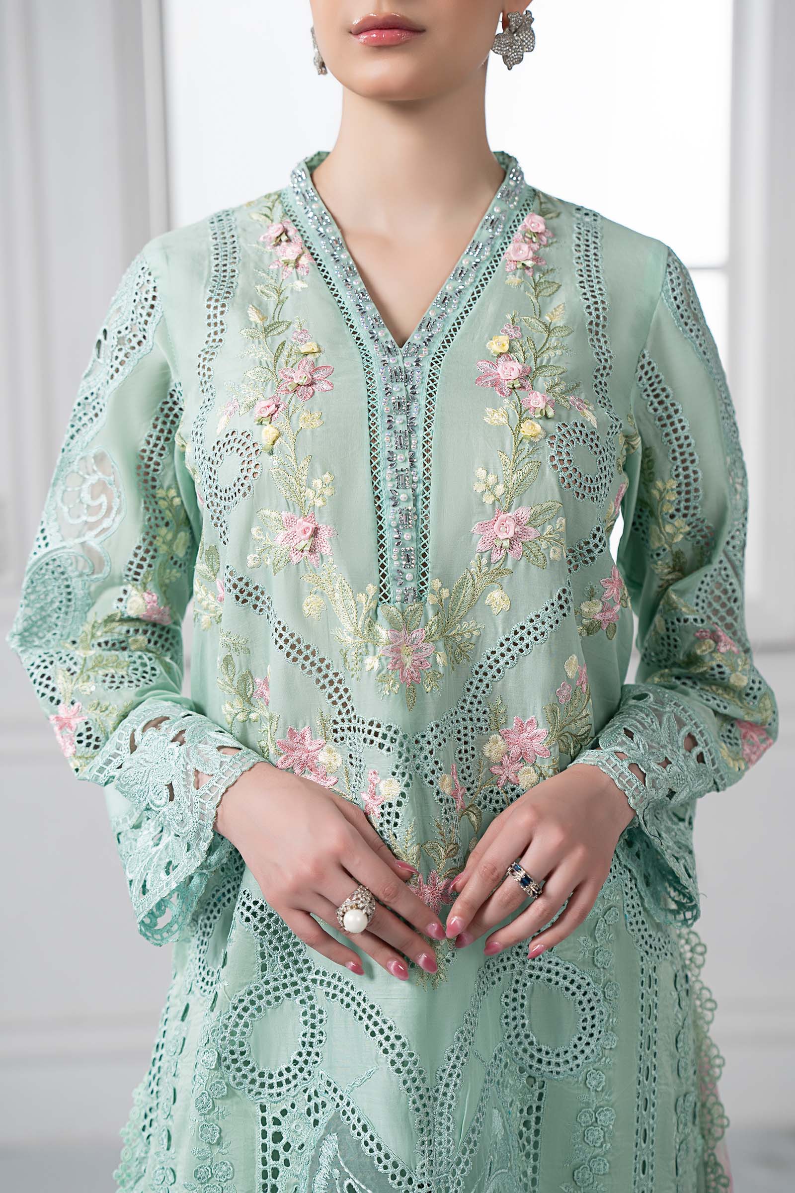 Pakistani Aqua Embroidered Lawn 3-Piece Suit - Image 4