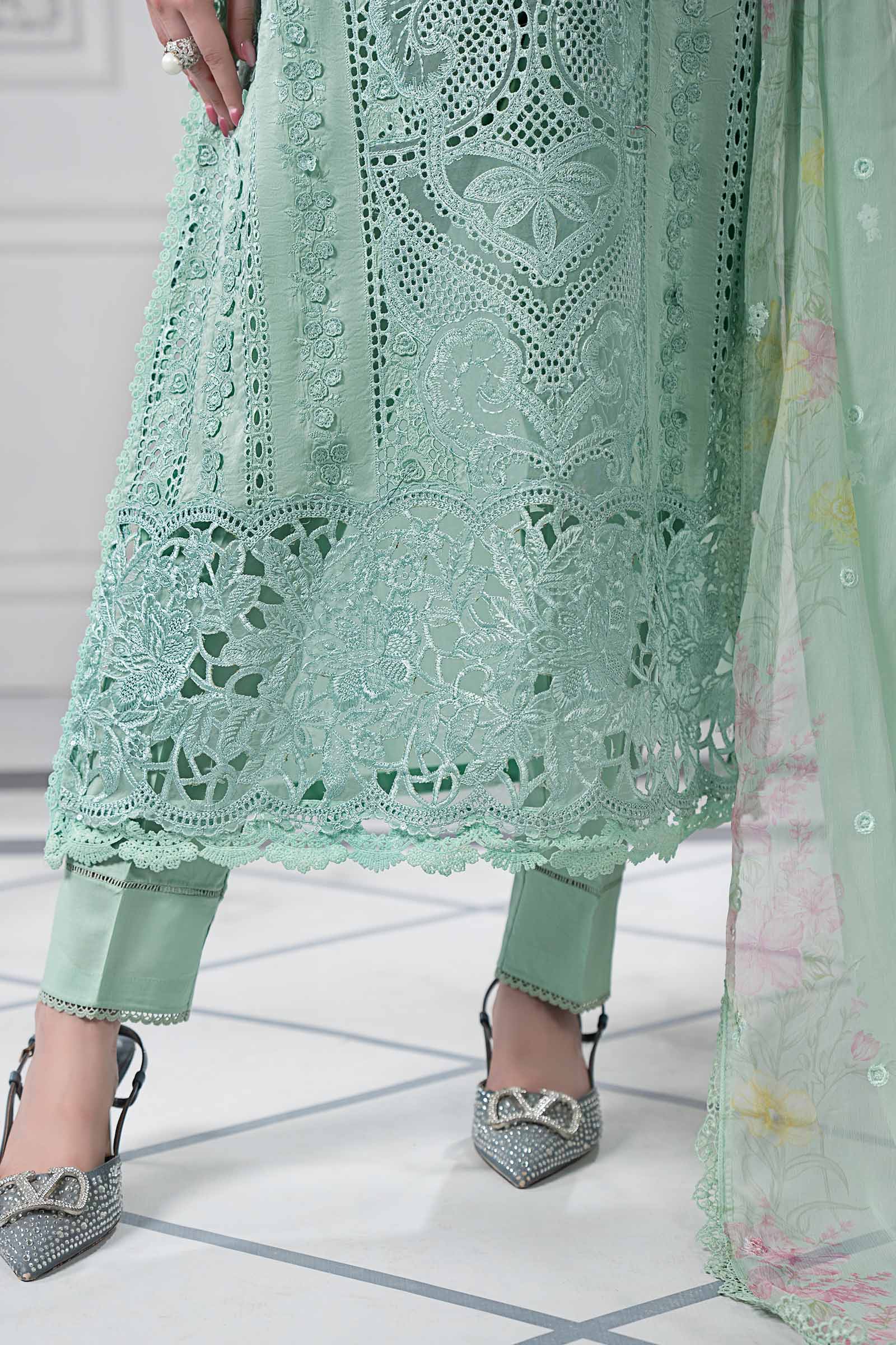 Pakistani Aqua Embroidered Lawn 3-Piece Suit - Image 5
