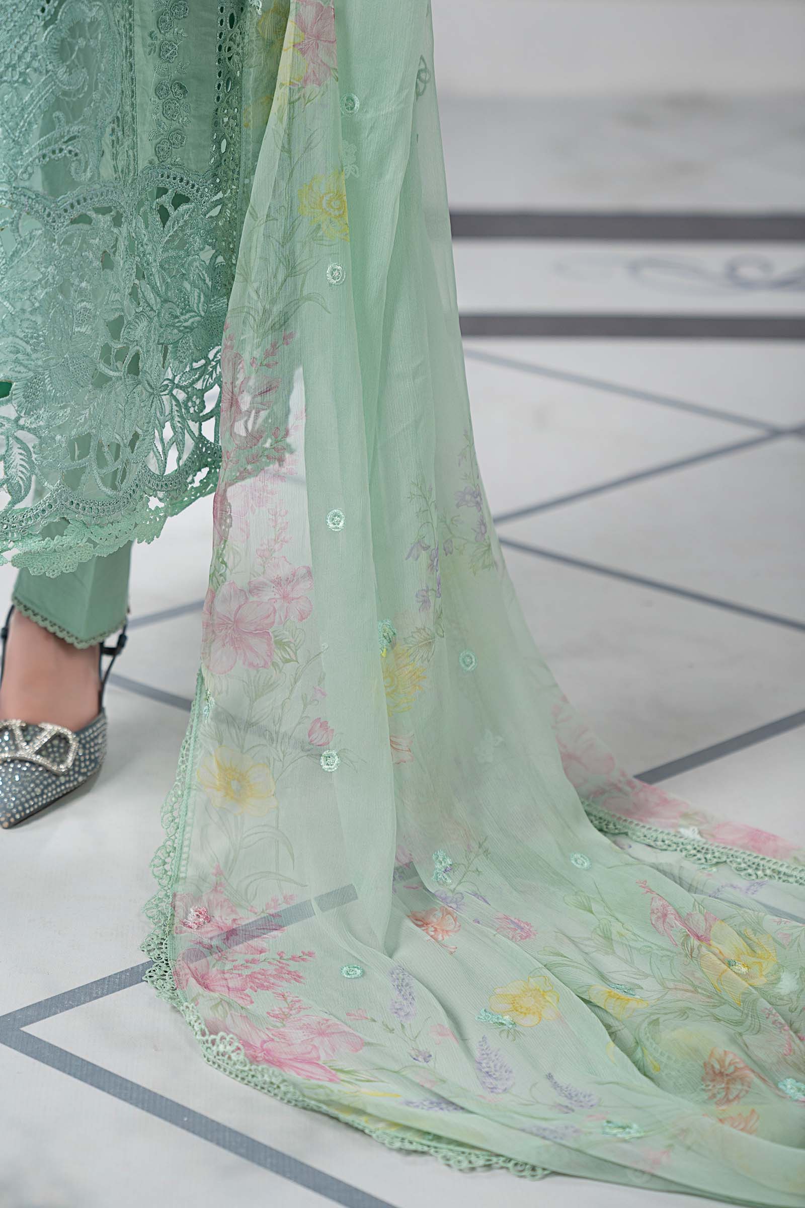 Pakistani Aqua Embroidered Lawn 3-Piece Suit - Image 6