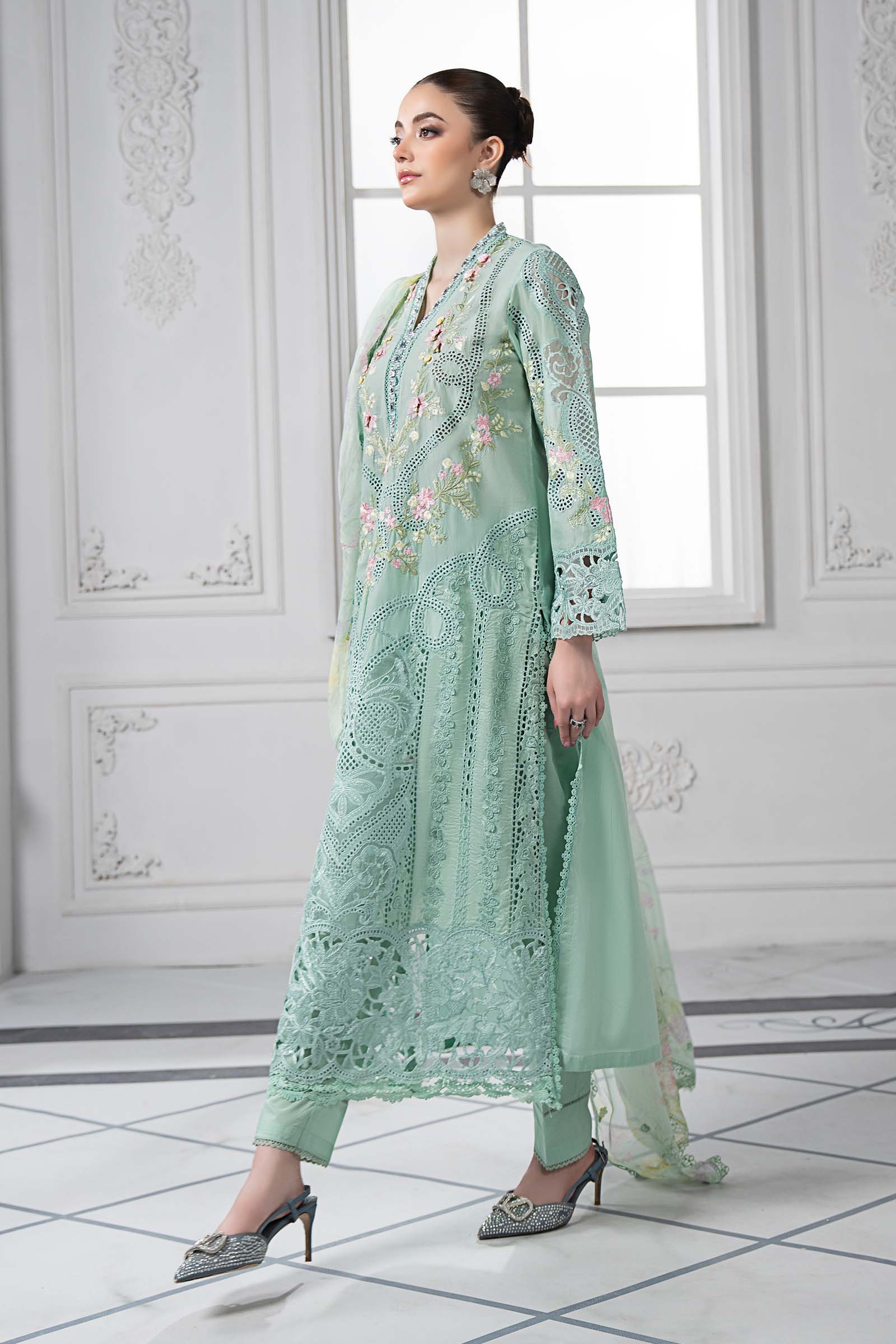 Pakistani Aqua Embroidered Lawn 3-Piece Suit - Image 7