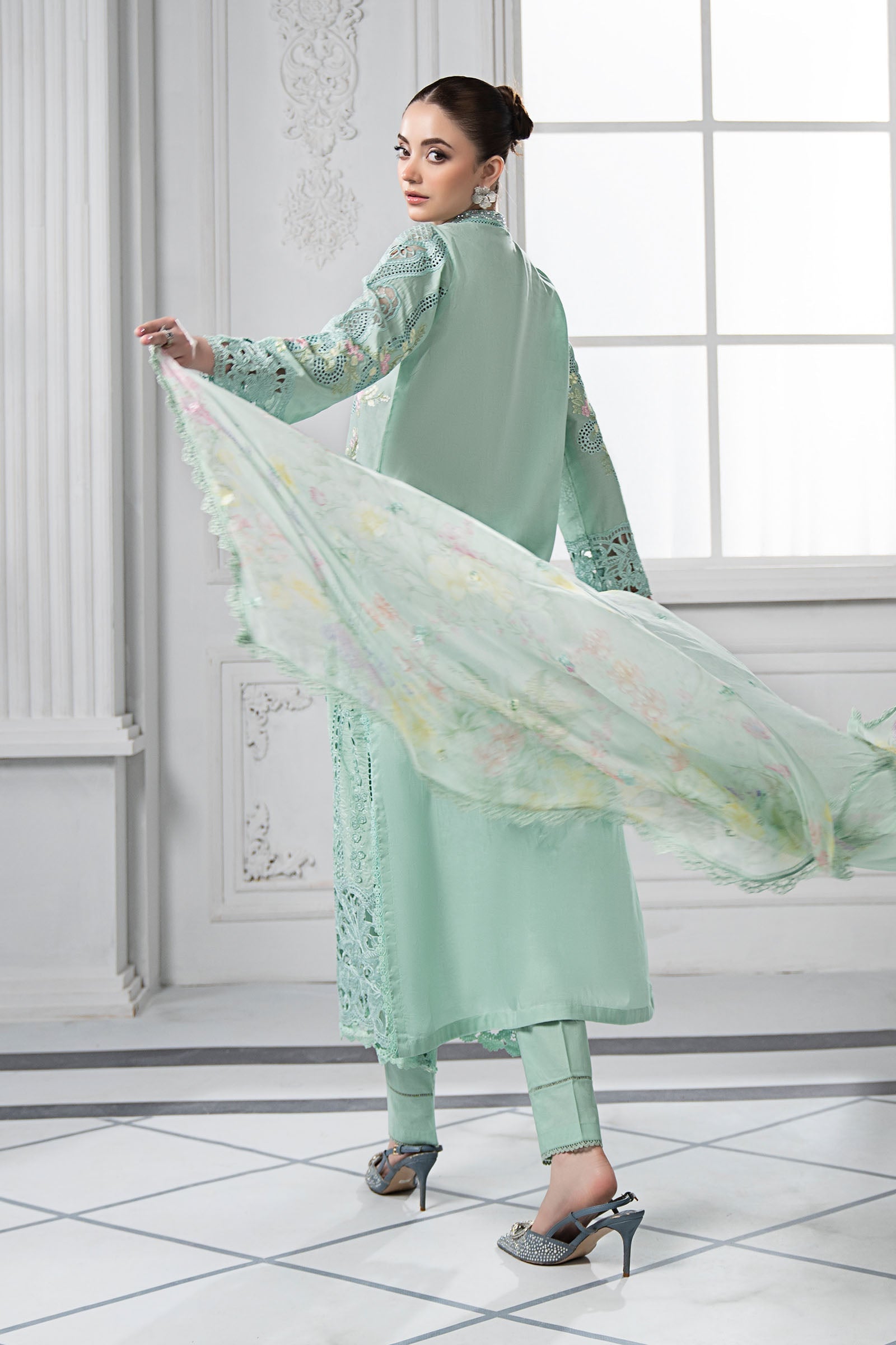 Pakistani Aqua Embroidered Lawn 3-Piece Suit - Image 8