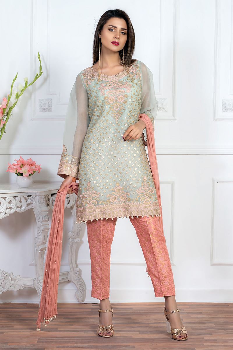 Pakistani Aqua Gota Embroidered Organza Kurta Set (3-Piece) - Image 1