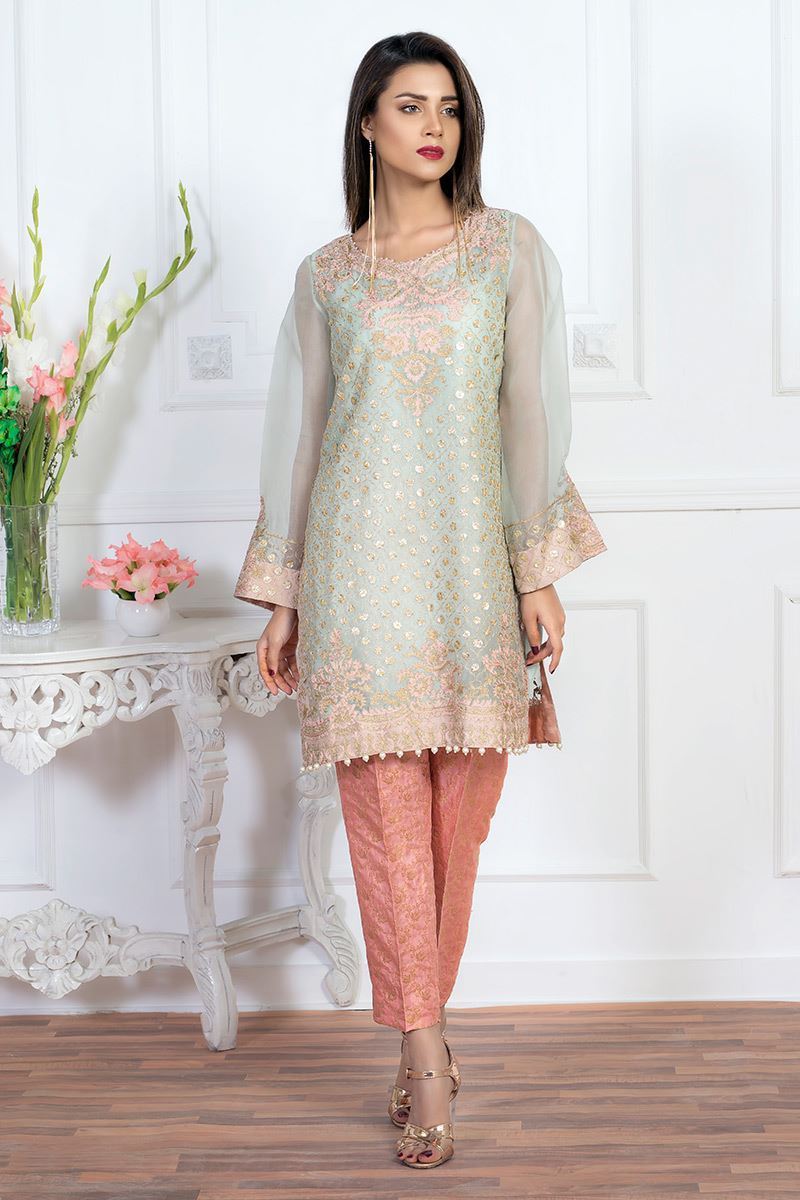 Pakistani Aqua Gota Embroidered Organza Kurta Set (3-Piece) - Image 2