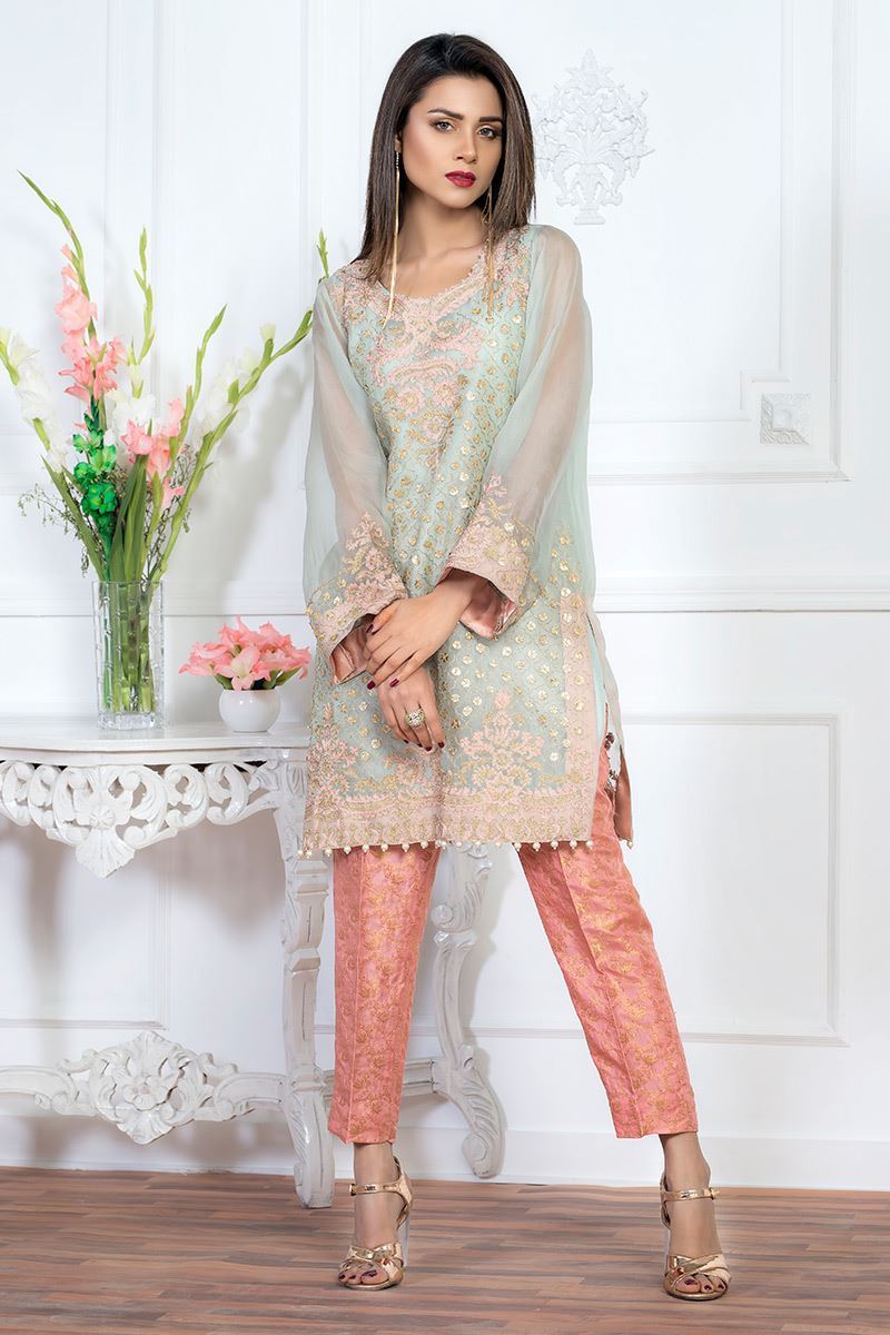Pakistani Aqua Gota Embroidered Organza Kurta Set (3-Piece) - Image 3