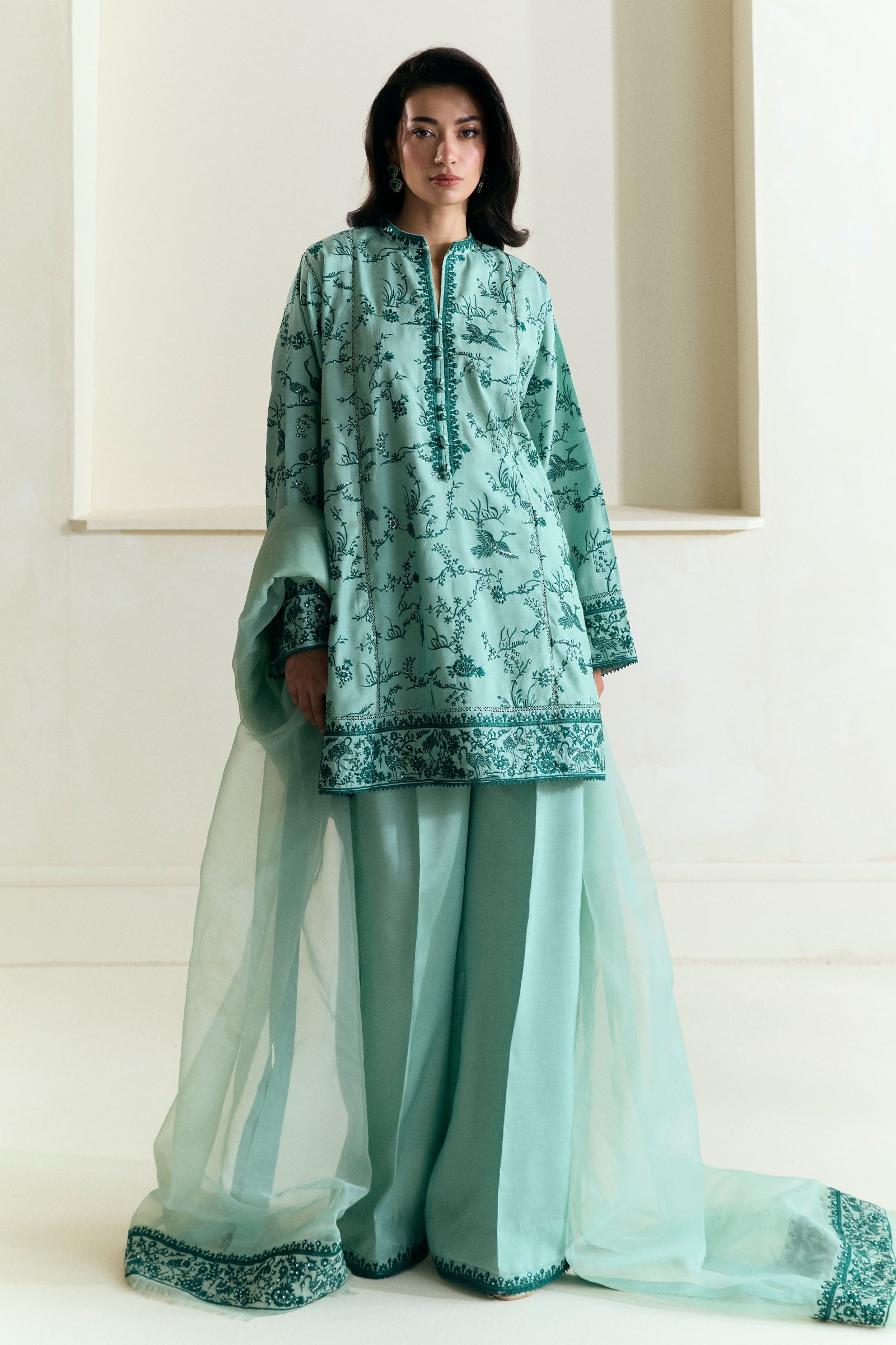 Aqua Gara Embroidered Raw Silk Kurta Set (3-Piece) - Image 1