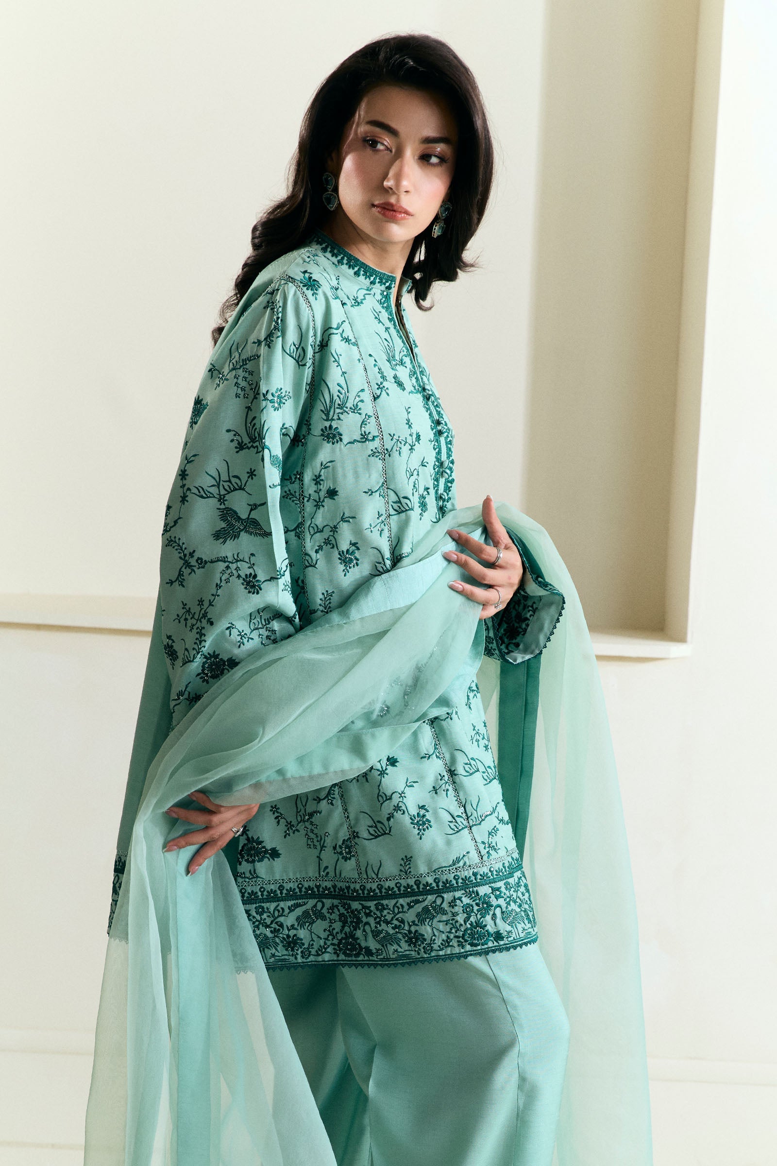 Aqua Gara Embroidered Raw Silk Kurta Set (3-Piece) - Image 3
