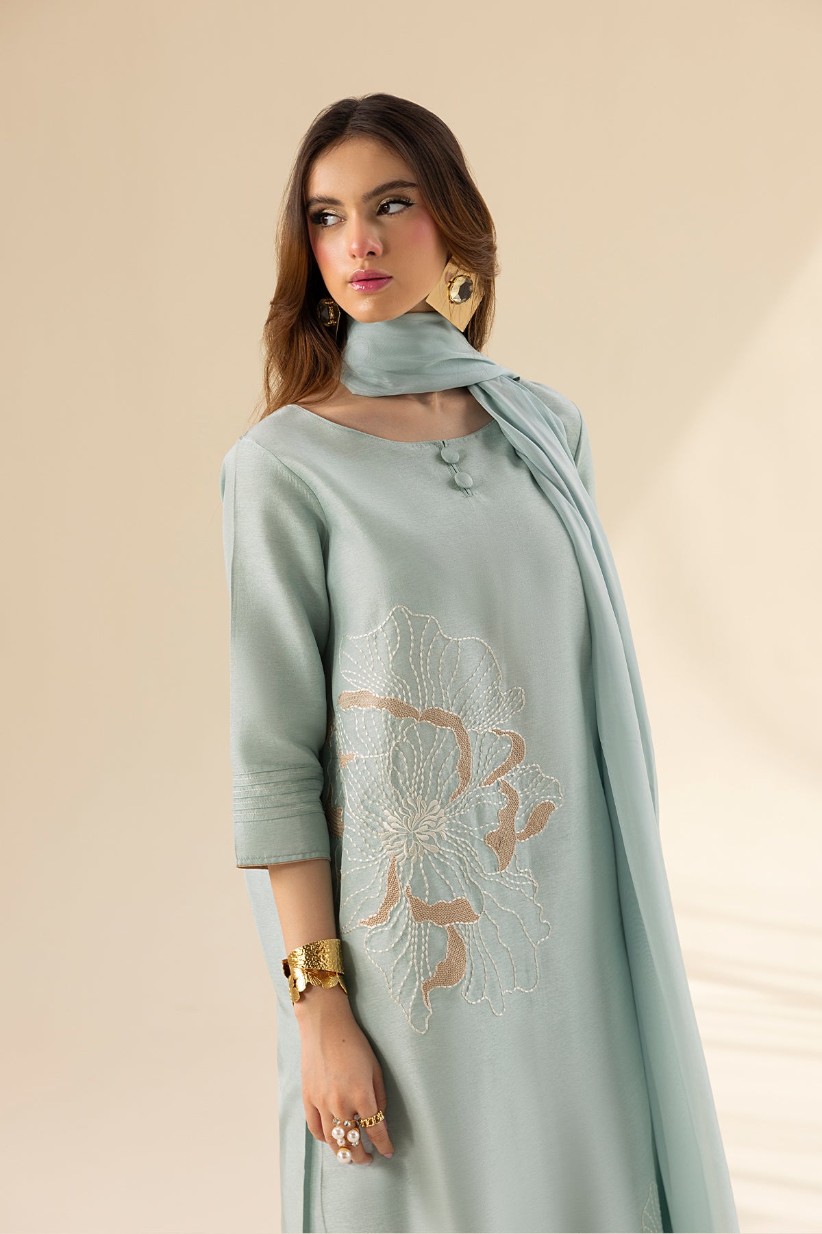 Aqua Mist Embroidered Tassel Silk Salwar Kameez (3-Piece) - Image 10