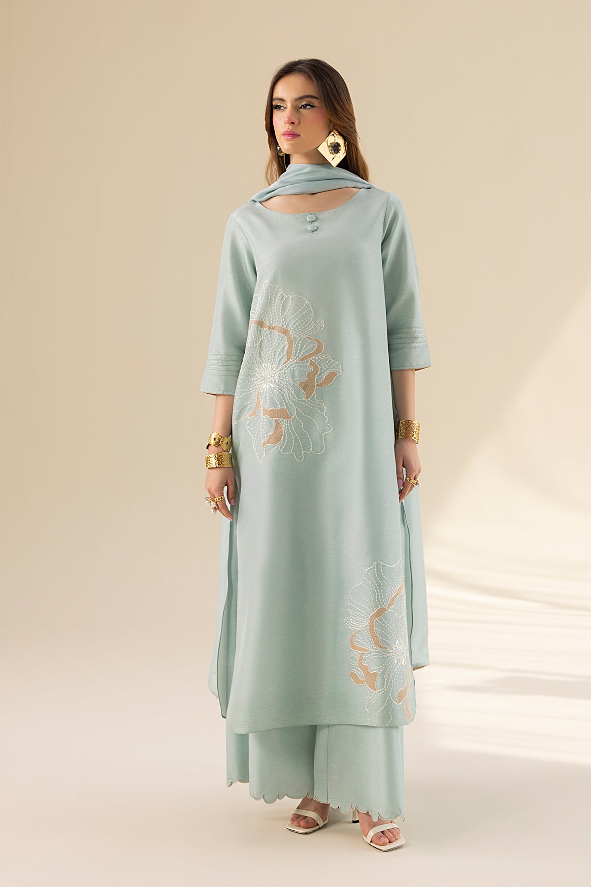 Aqua Mist Embroidered Tassel Silk Salwar Kameez (3-Piece) - Image 2