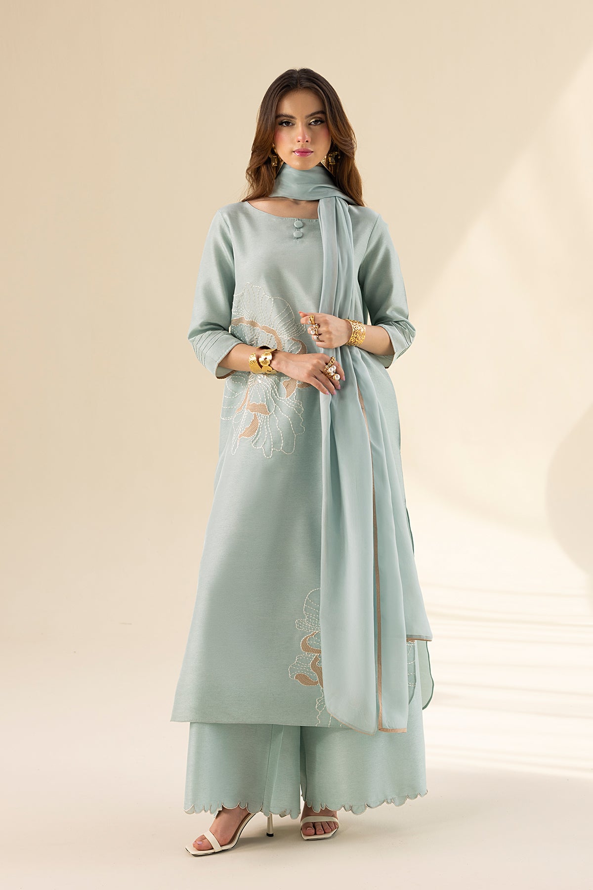 Aqua Mist Embroidered Tassel Silk Salwar Kameez (3-Piece) - Image 3