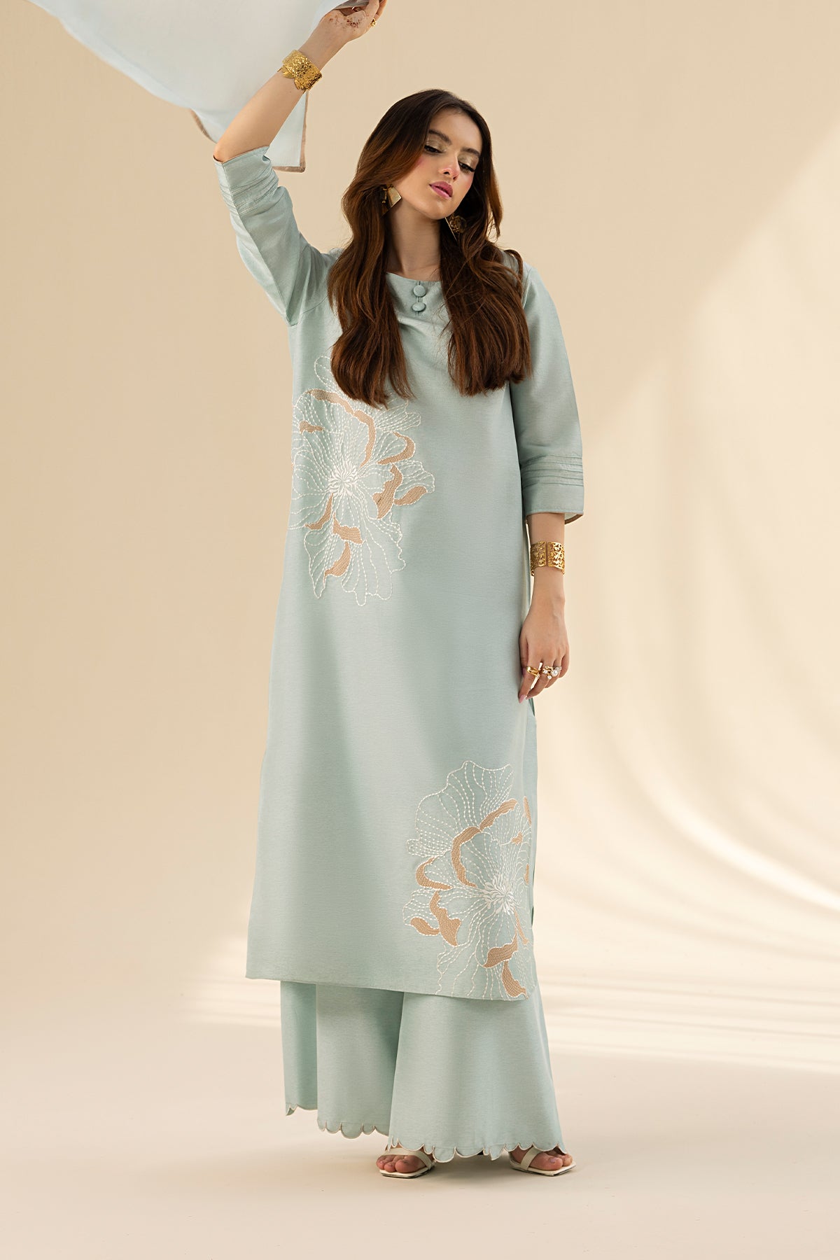 Aqua Mist Embroidered Tassel Silk Salwar Kameez (3-Piece) - Image 5