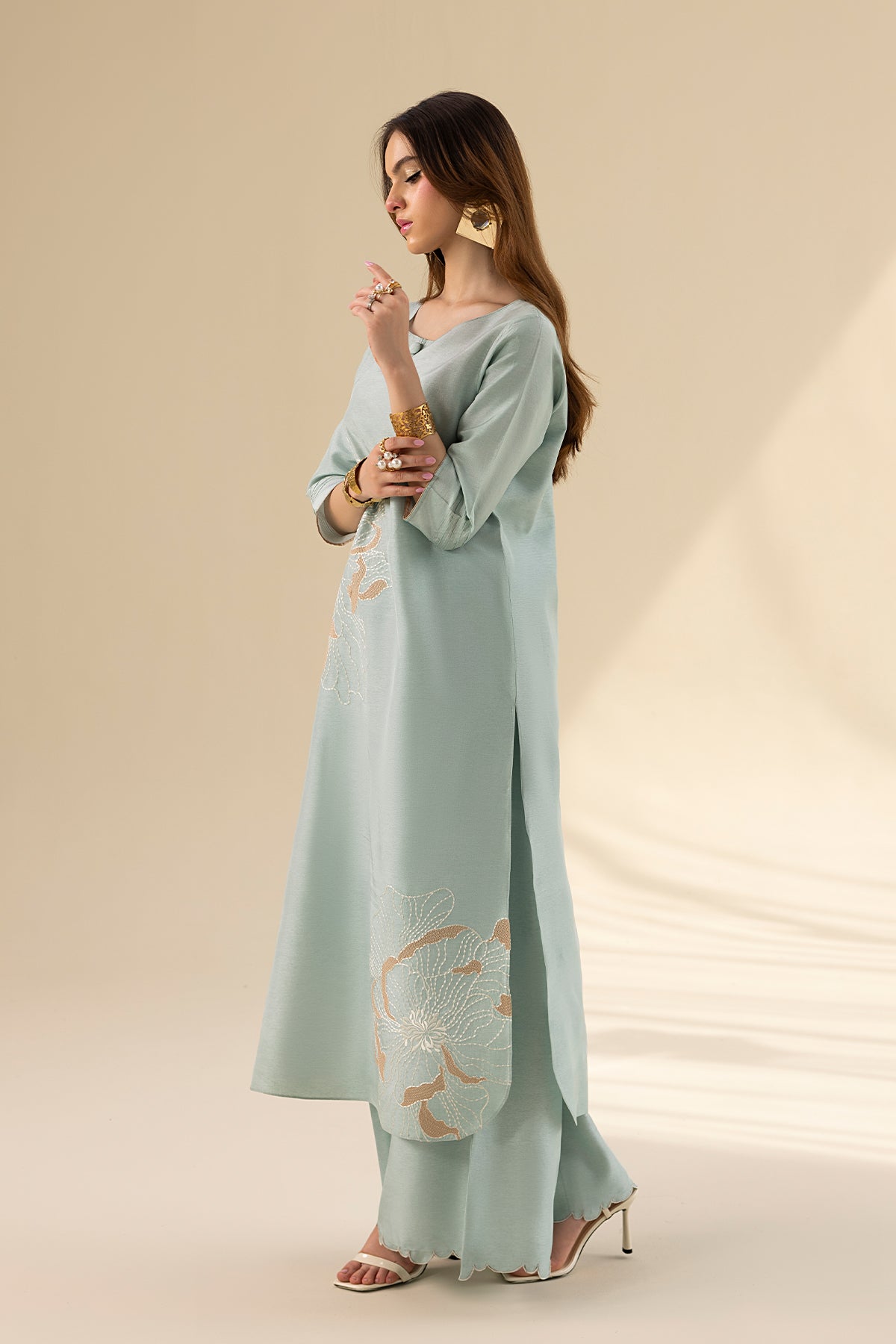 Aqua Mist Embroidered Tassel Silk Salwar Kameez (3-Piece) - Image 8