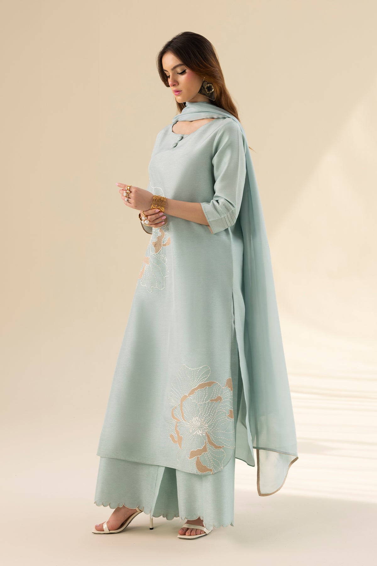 Aqua Mist Embroidered Tassel Silk Salwar Kameez (3-Piece) - Image 9