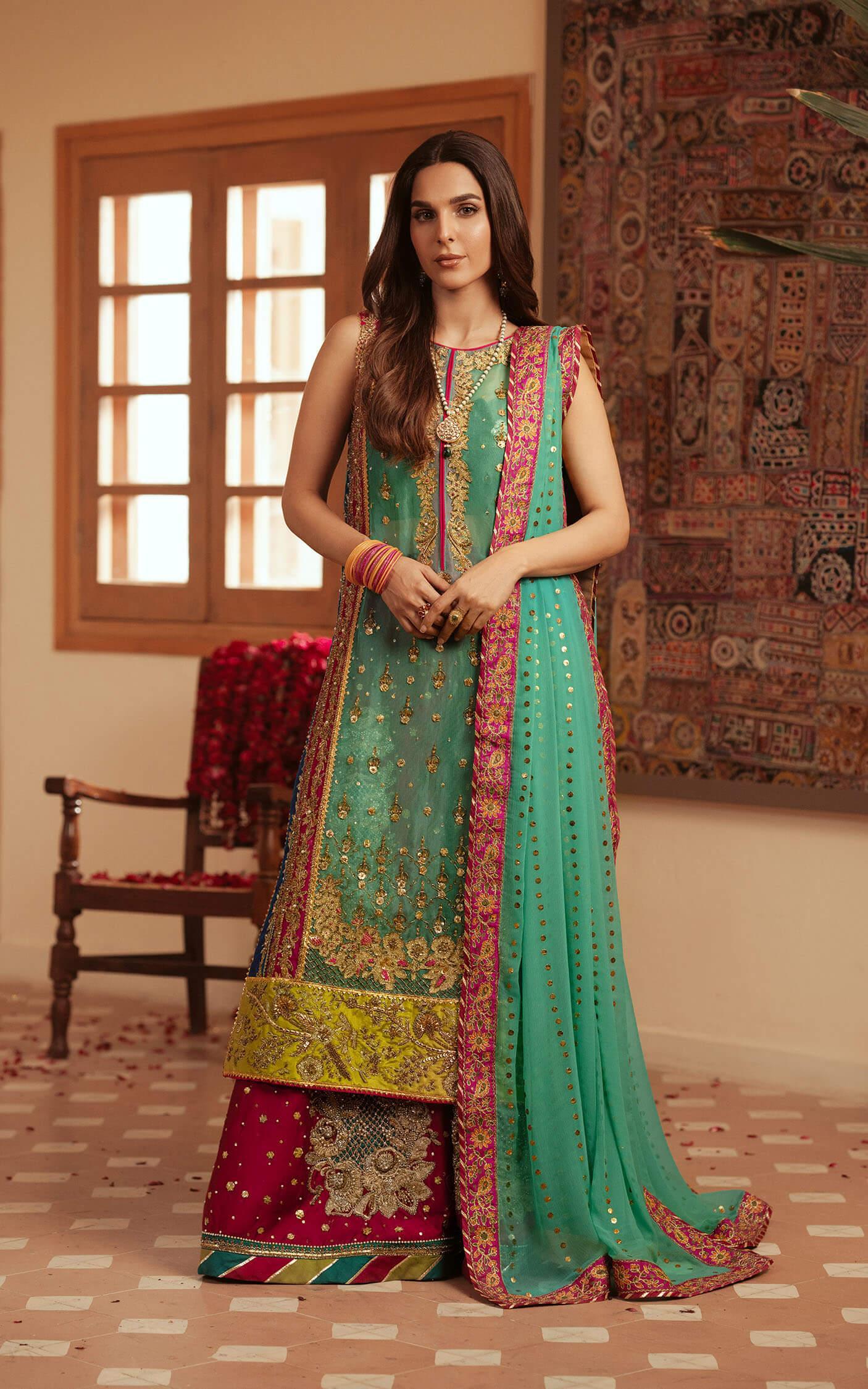 Aquamarine Embroidered Cotton Net Sharara (3-Piece) - Image 1