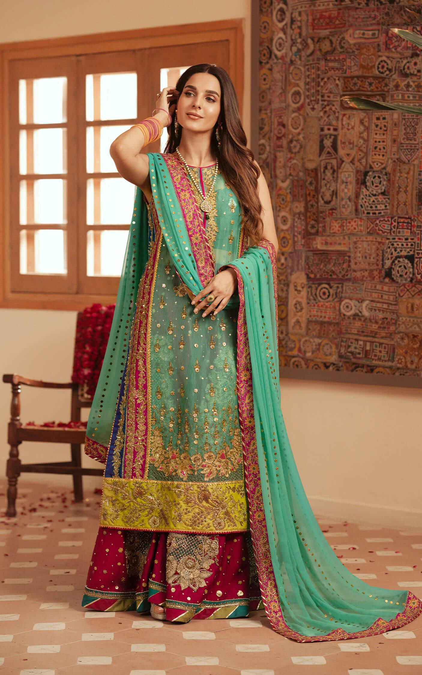 Aquamarine Embroidered Cotton Net Sharara (3-Piece) - Image 3