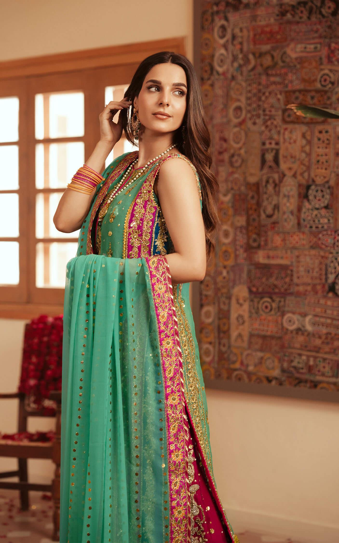 Aquamarine Embroidered Cotton Net Sharara (3-Piece) - Image 4