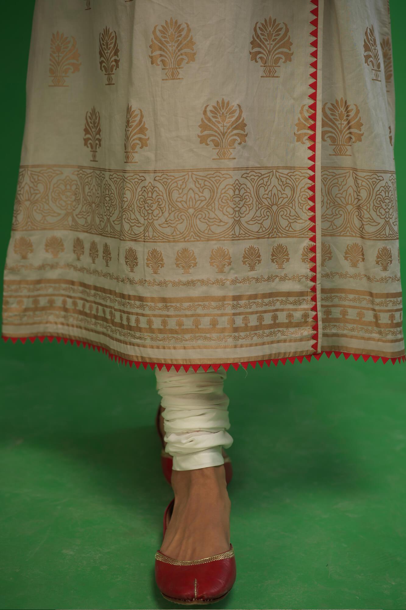 Beige Screen-Printed Cotton Lawn Angarkha (3-Piece) - Image 1
