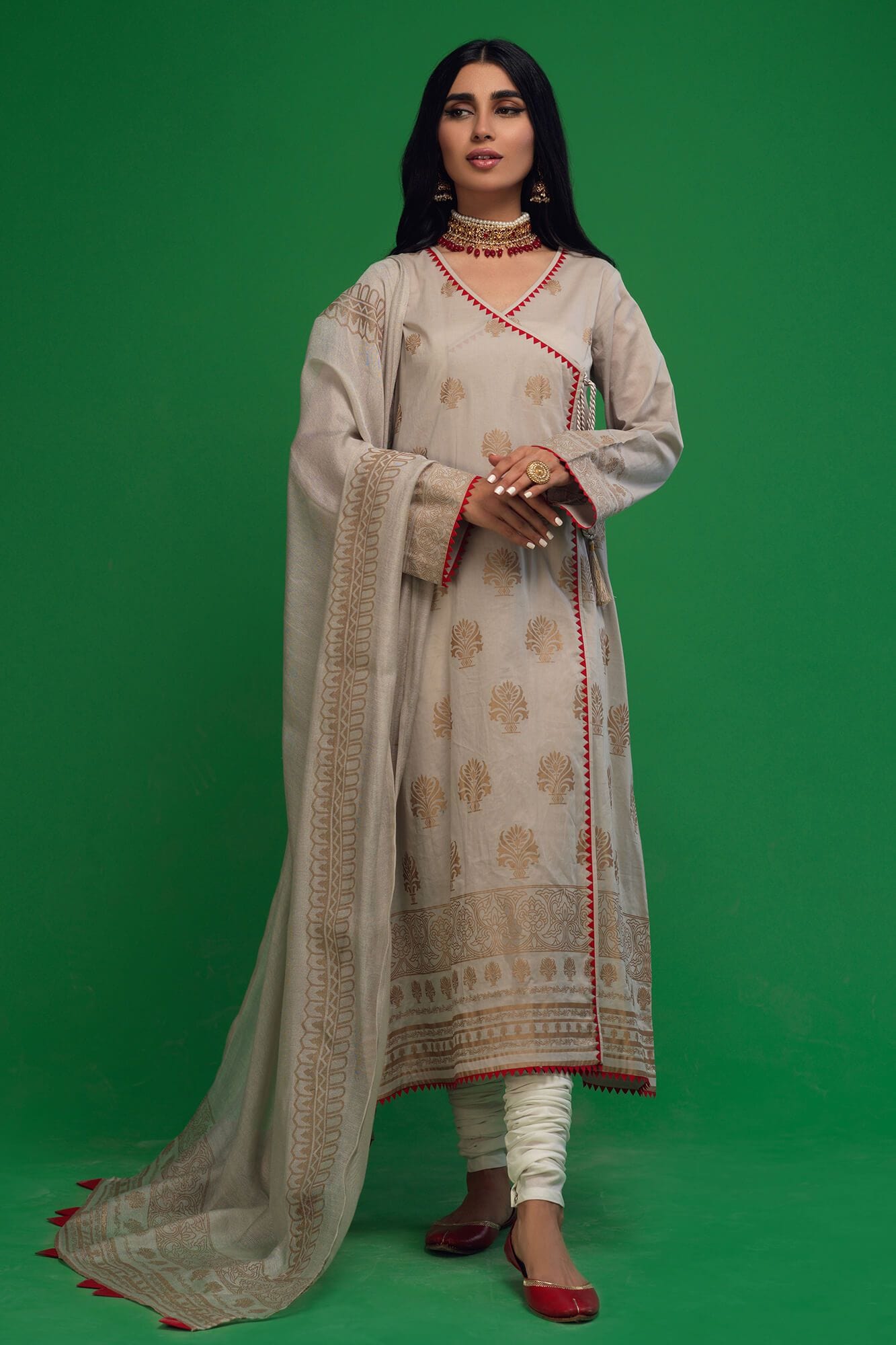 Beige Screen-Printed Cotton Lawn Angarkha (3-Piece) - Image 2