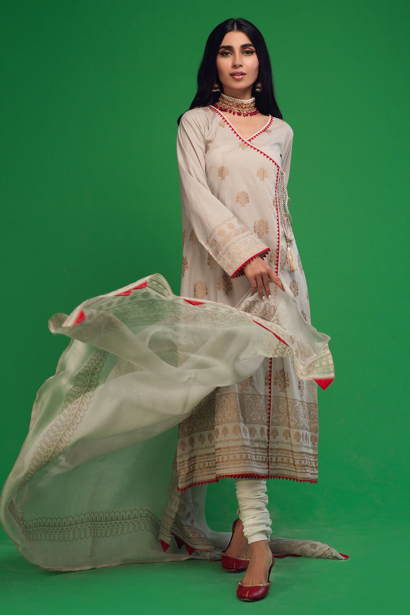 Beige Screen-Printed Cotton Lawn Angarkha (3-Piece) - Image 3