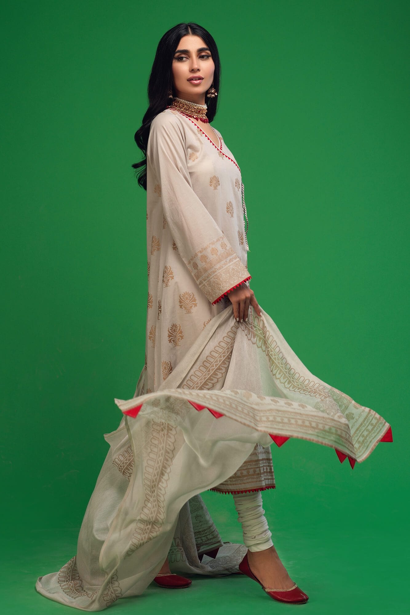Beige Screen-Printed Cotton Lawn Angarkha (3-Piece) - Image 4