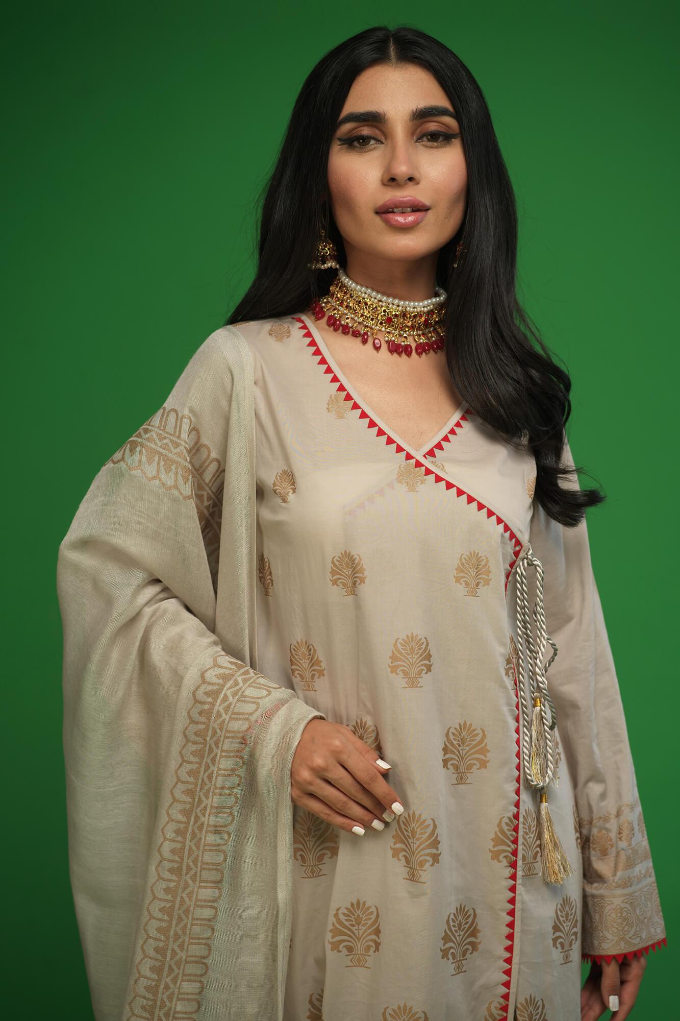 Beige Screen-Printed Cotton Lawn Angarkha (3-Piece) - Image 5