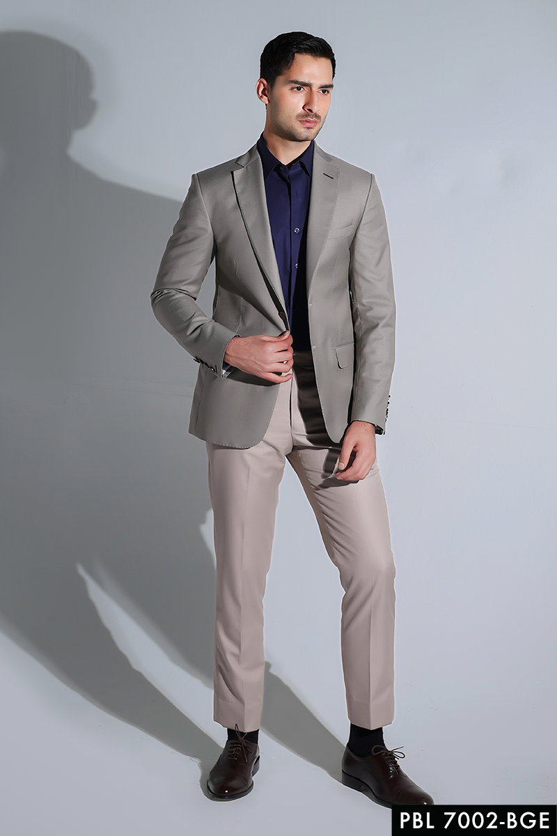 Beige Structured Suiting Fabric Blazer (2-Piece) - Image 1