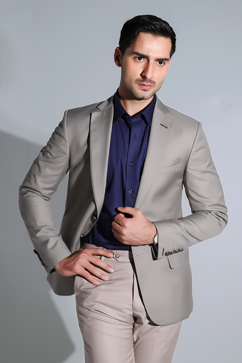 Beige Structured Suiting Fabric Blazer (2-Piece) - Image 2