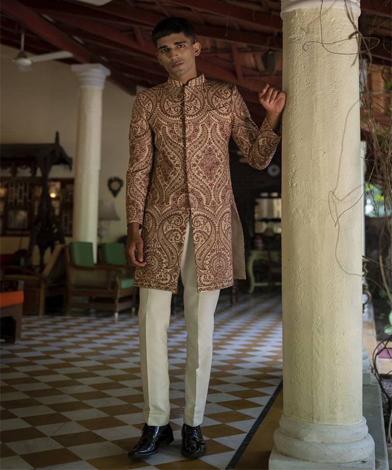 Beige Embroidered Cotton-Poly Achkan (2-Piece) - Image 1