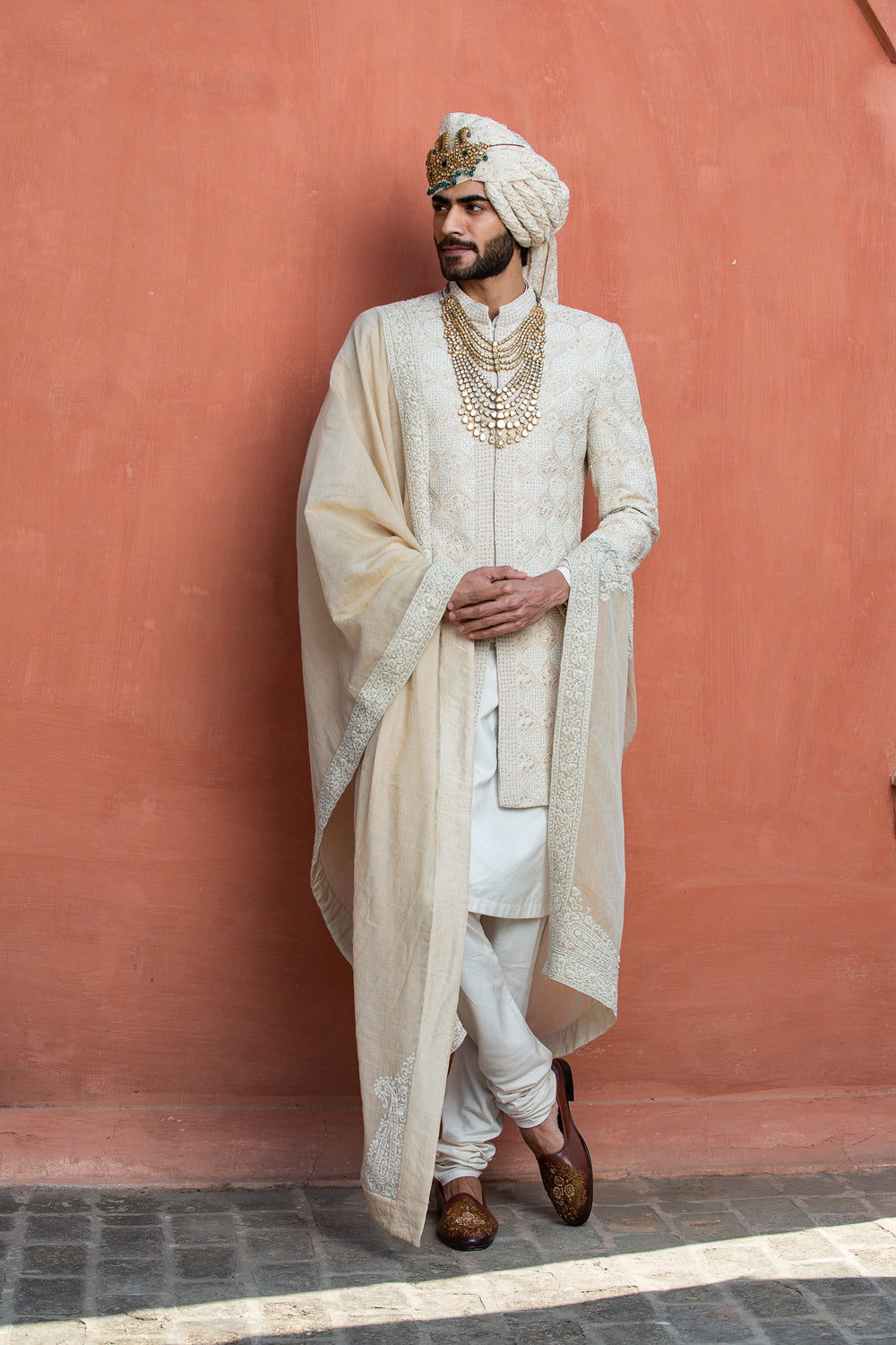 Beige Embroidered Monga Silk Achkan (3-Piece) - Image 1