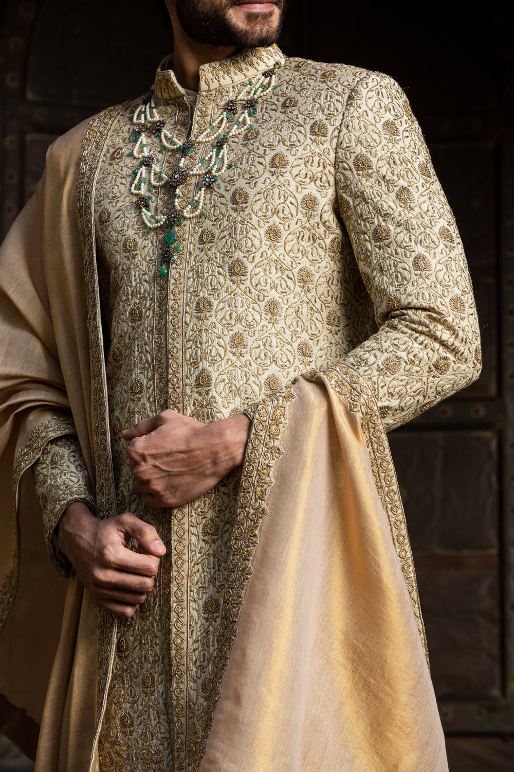 Beige Embroidered Monga Tussar Achkan (3-Piece) - Image 3