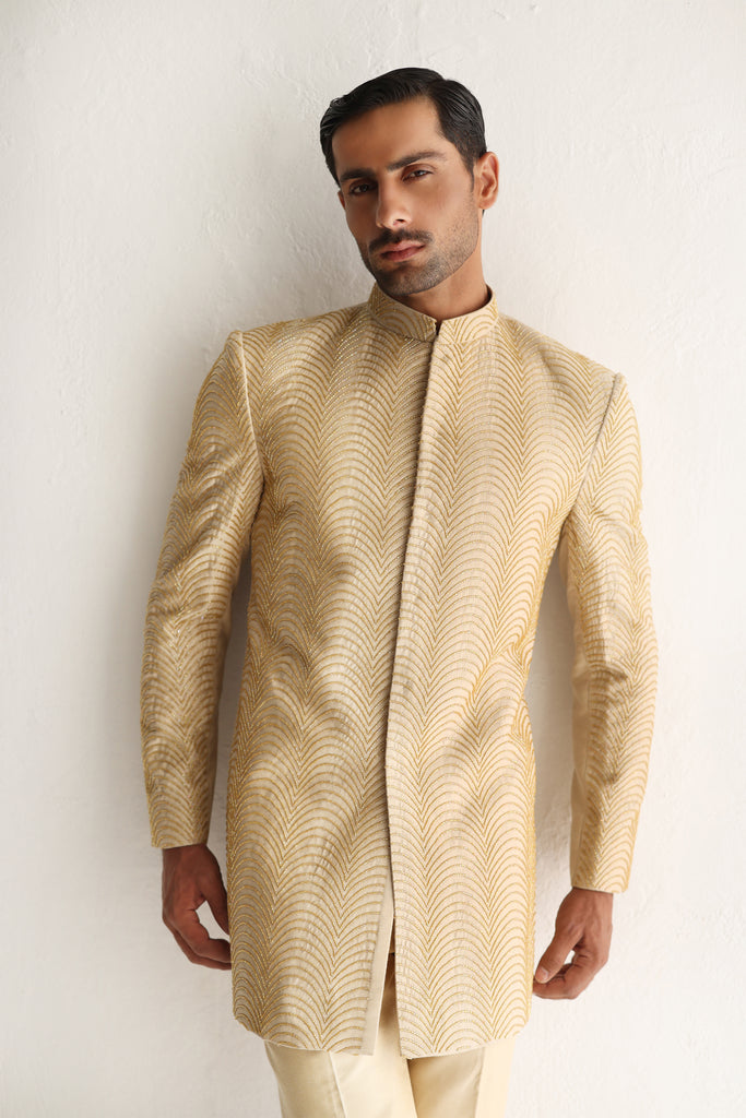 Beige Cut Dana Cotton Silk Short Sherwani (2-Piece) - Image 1