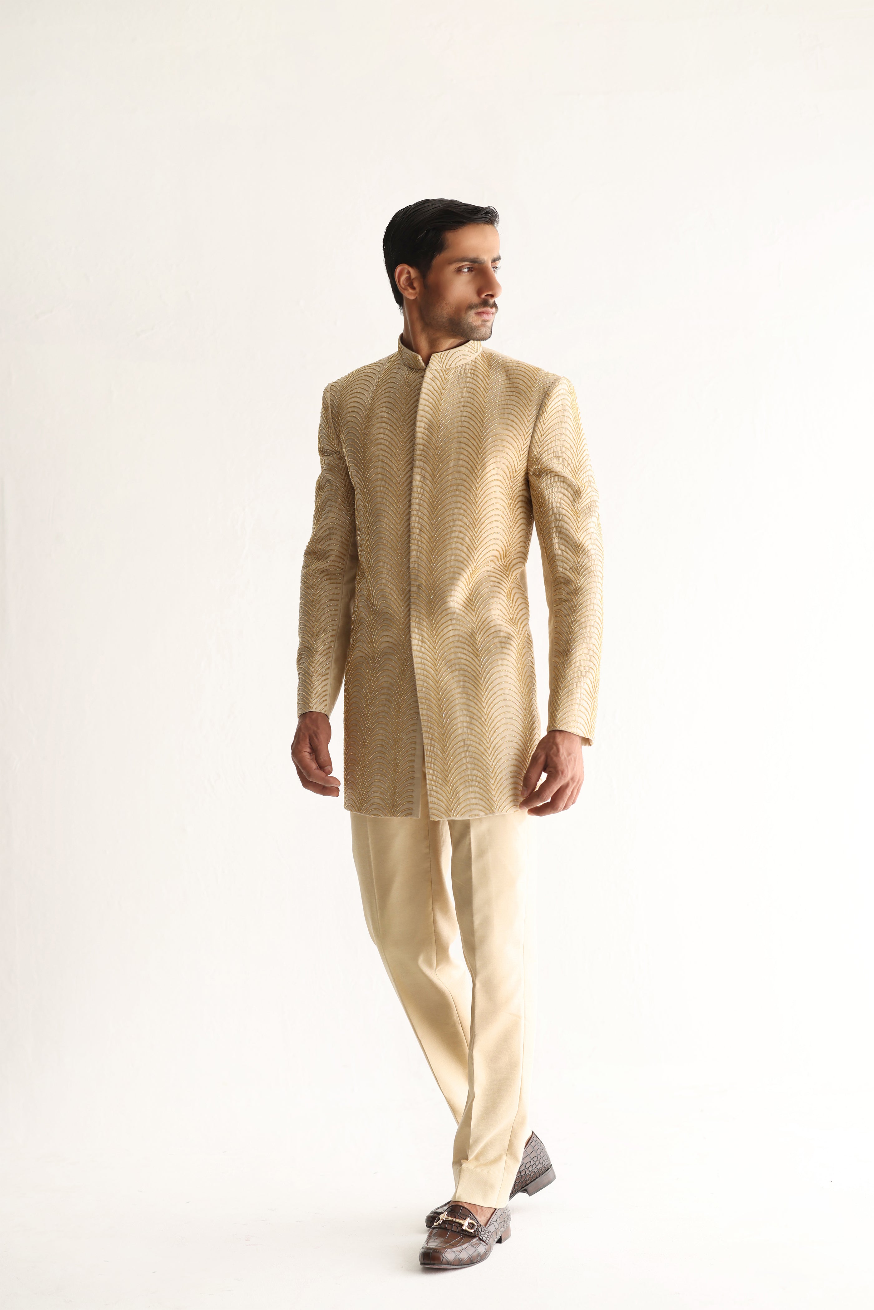 Beige Cut Dana Cotton Silk Short Sherwani (2-Piece) - Image 3