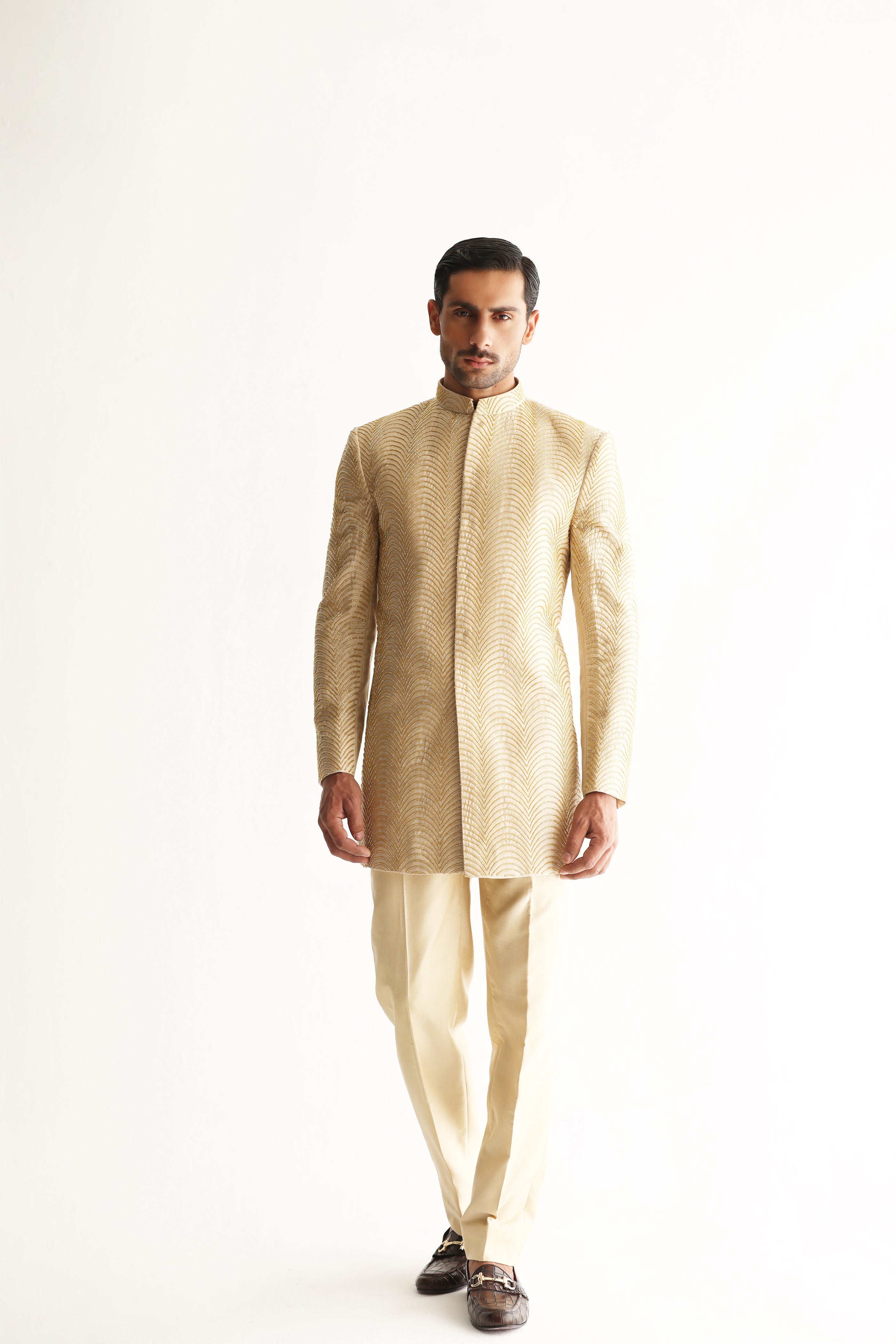 Beige Cut Dana Cotton Silk Short Sherwani (2-Piece) - Image 5