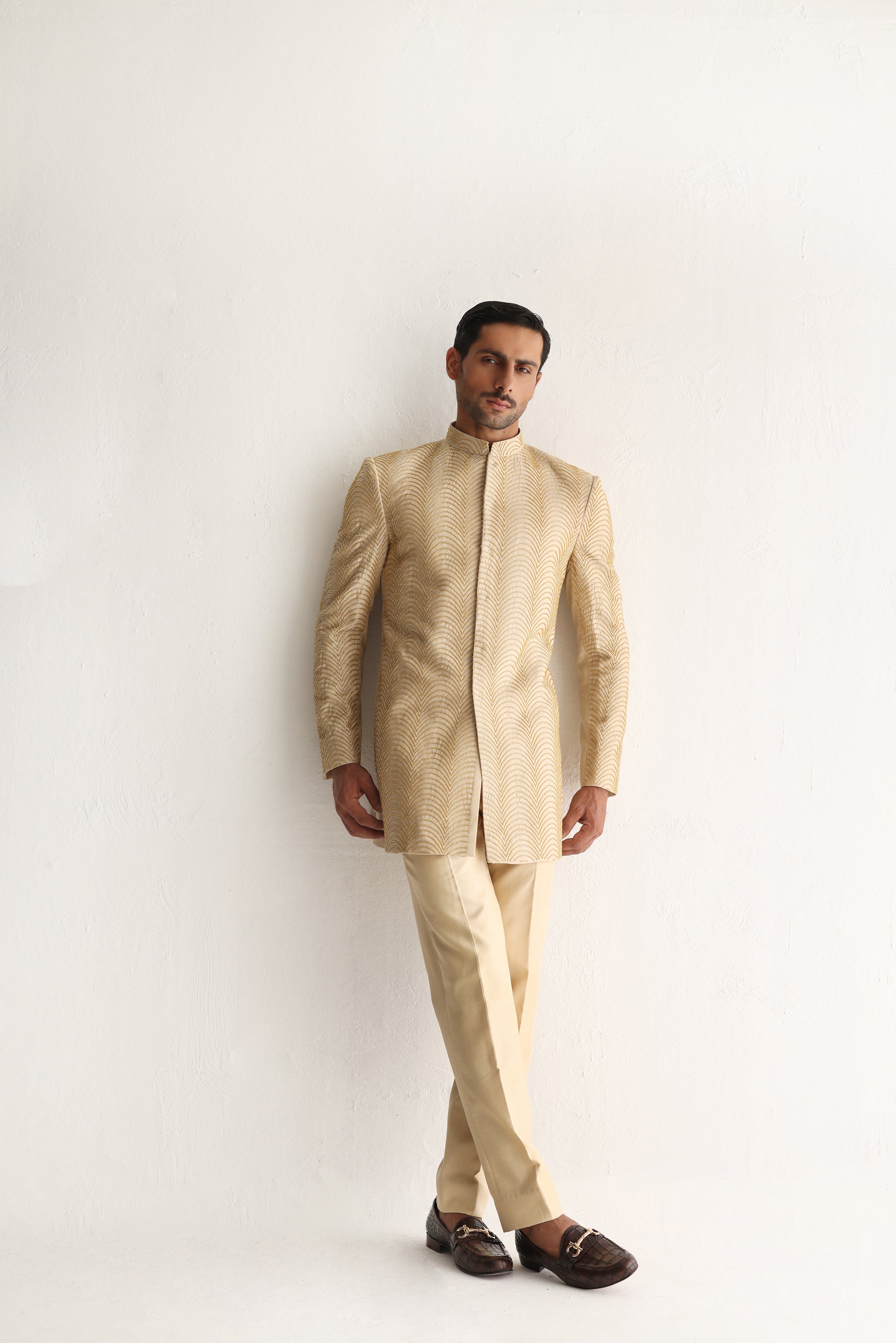 Beige Cut Dana Cotton Silk Short Sherwani (2-Piece) - Image 6