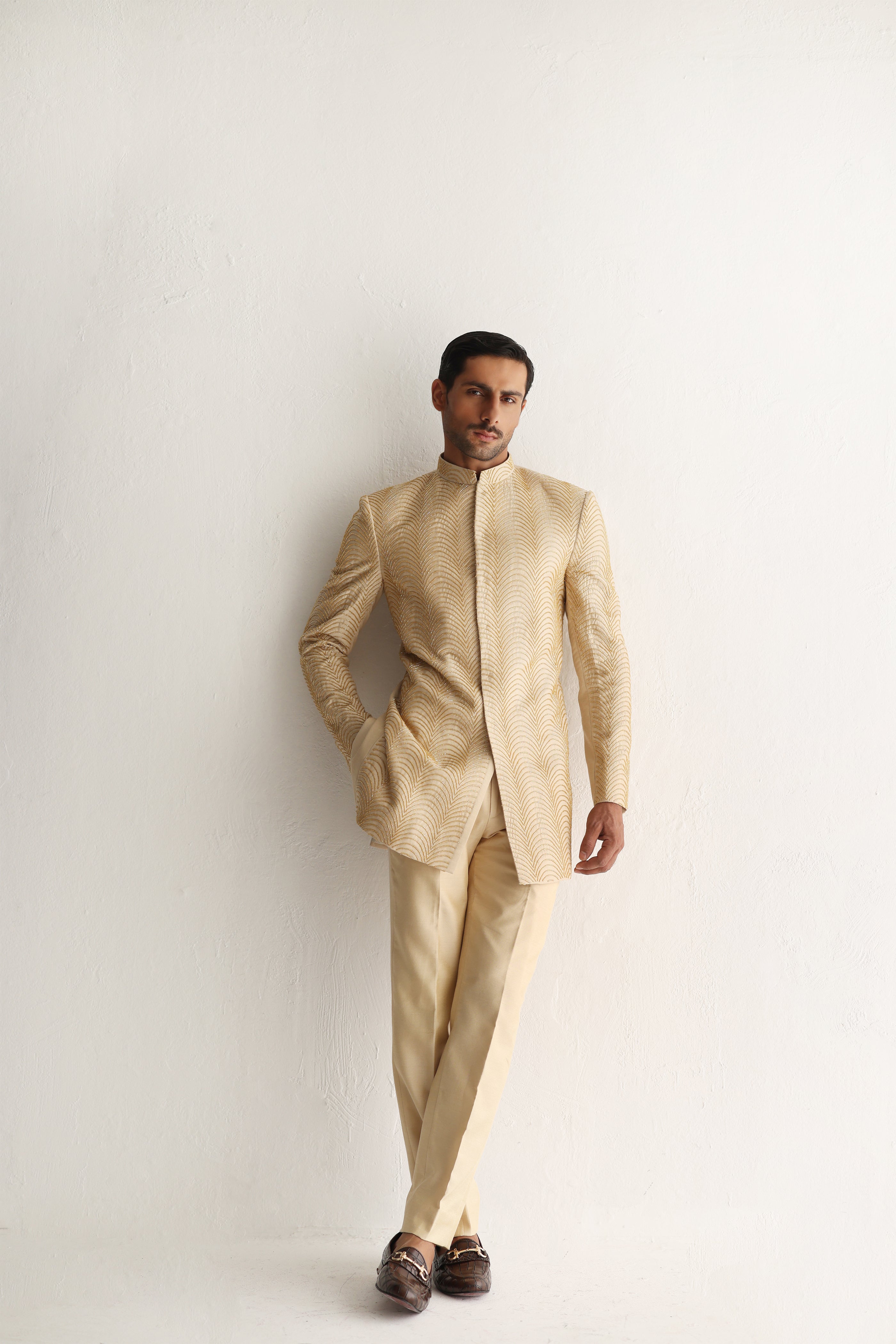 Beige Cut Dana Cotton Silk Short Sherwani (2-Piece) - Image 4