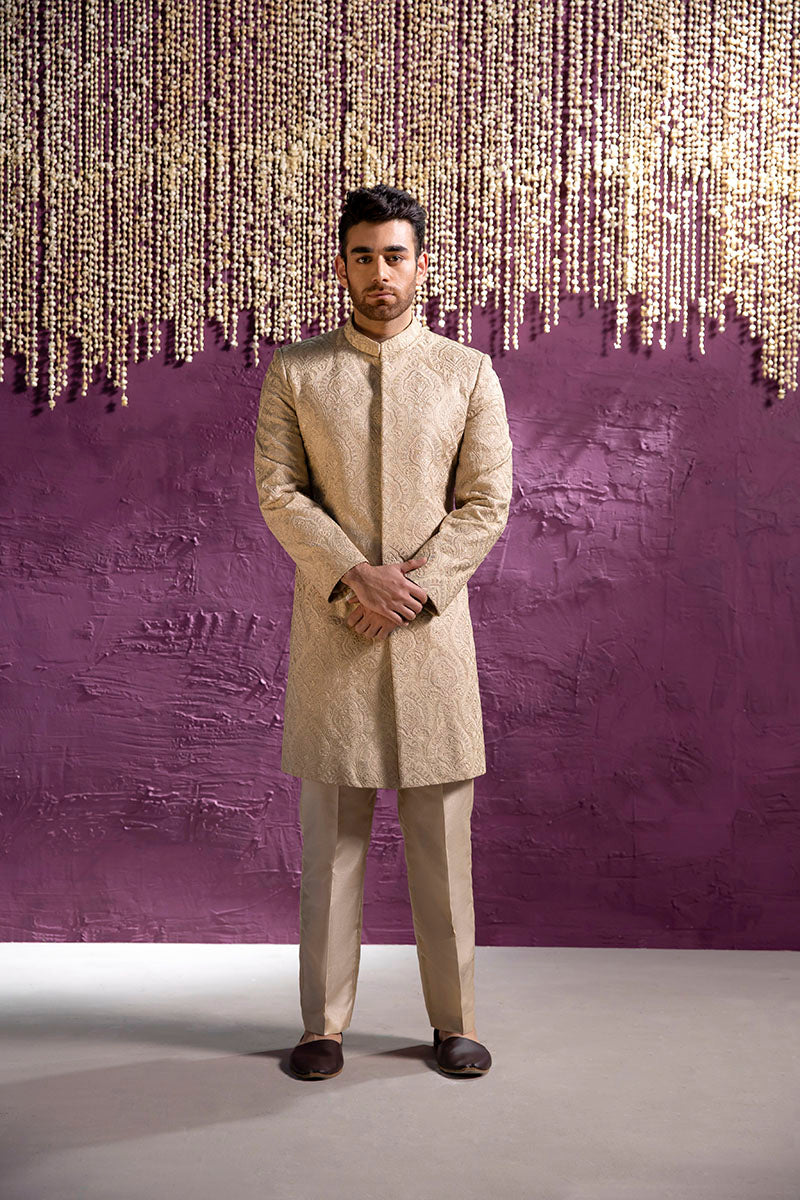 Beige Damask Brocade Achkan Sherwani (2-Piece) - Image 1