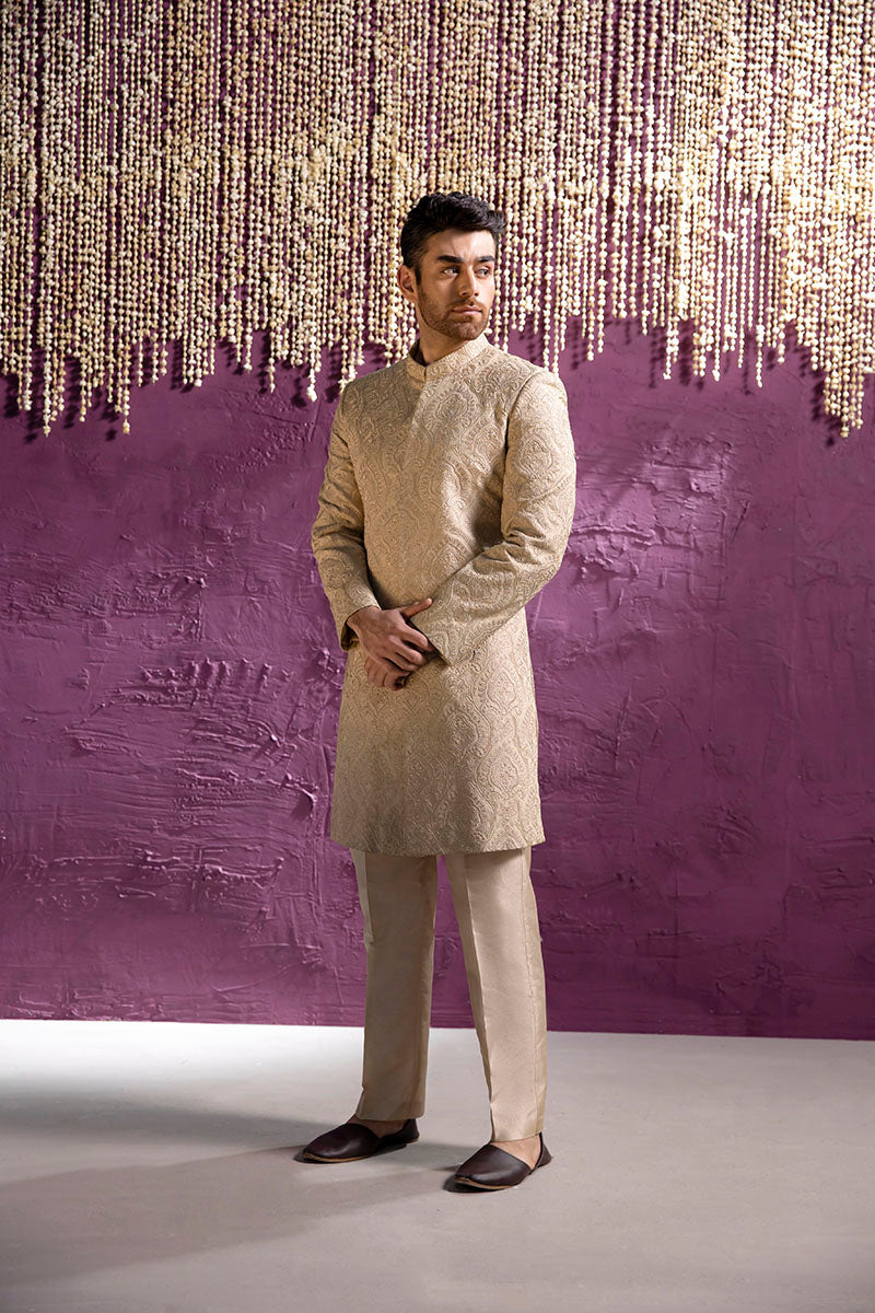 Beige Damask Brocade Achkan Sherwani (2-Piece) - Image 2