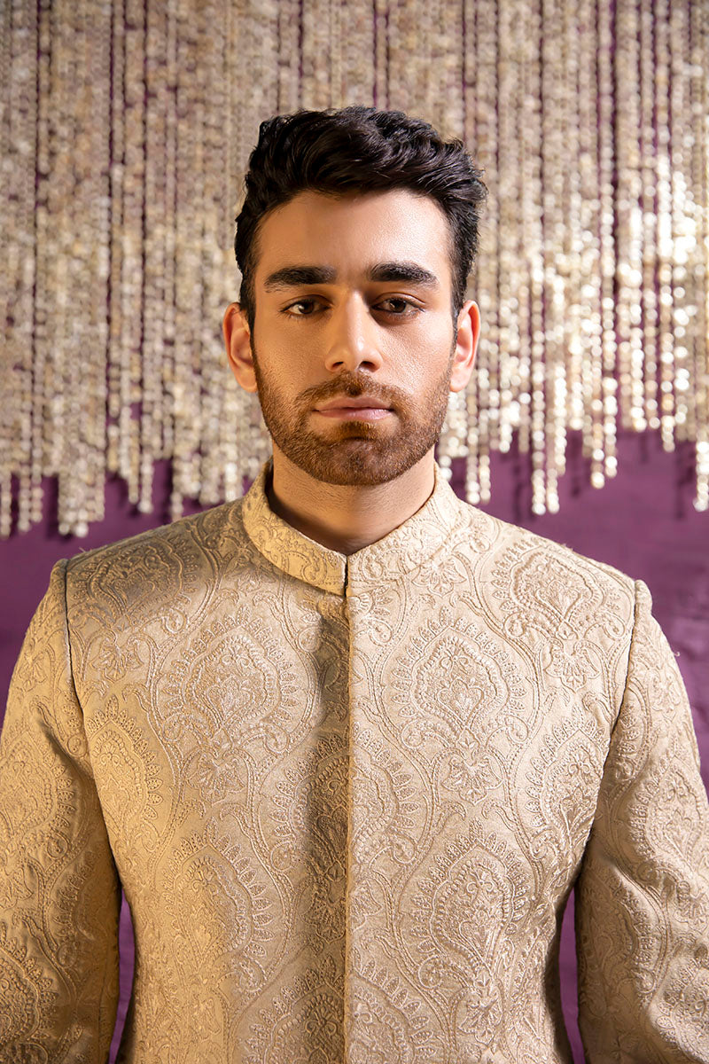 Beige Damask Brocade Achkan Sherwani (2-Piece) - Image 3