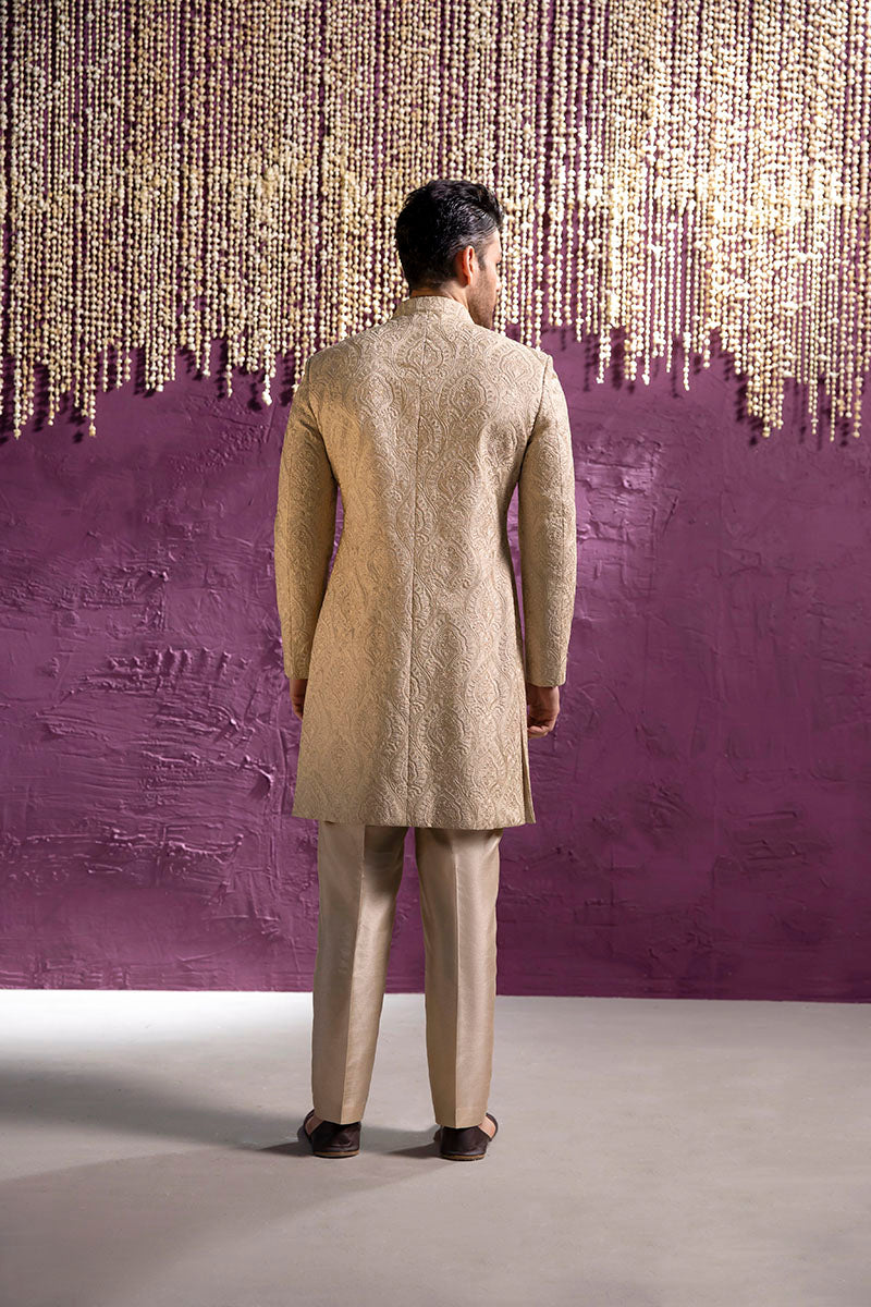 Beige Damask Brocade Achkan Sherwani (2-Piece) - Image 4