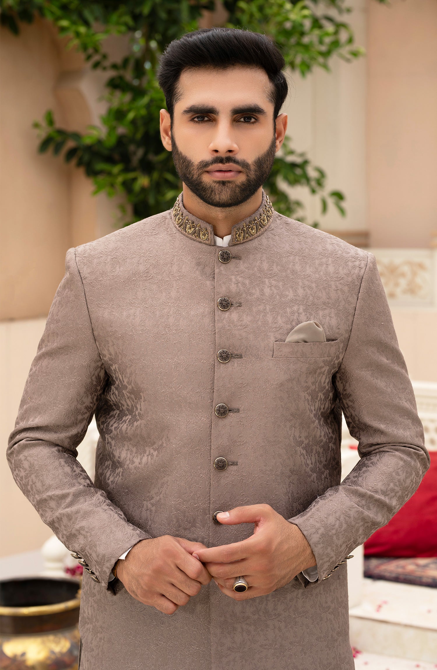 Dark Beige Kora Dabka Embossed Fabric Sherwani (3-Piece) - Image 2
