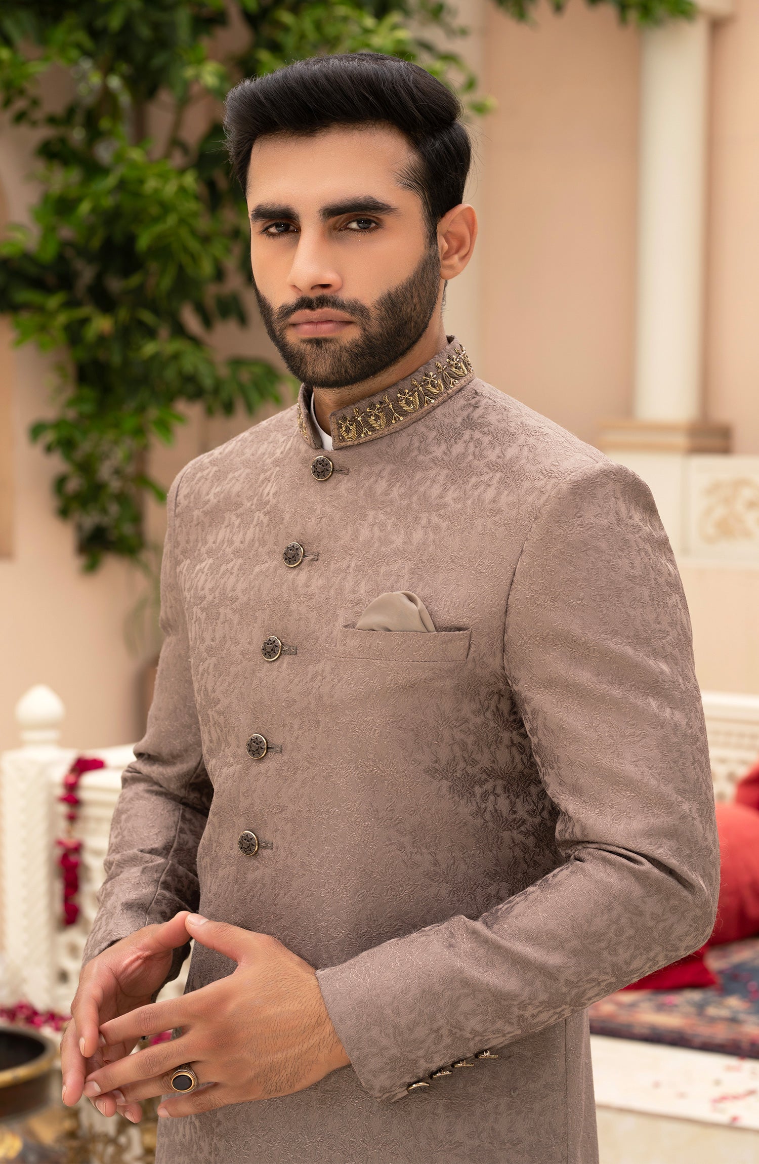 Dark Beige Kora Dabka Embossed Fabric Sherwani (3-Piece) - Image 4