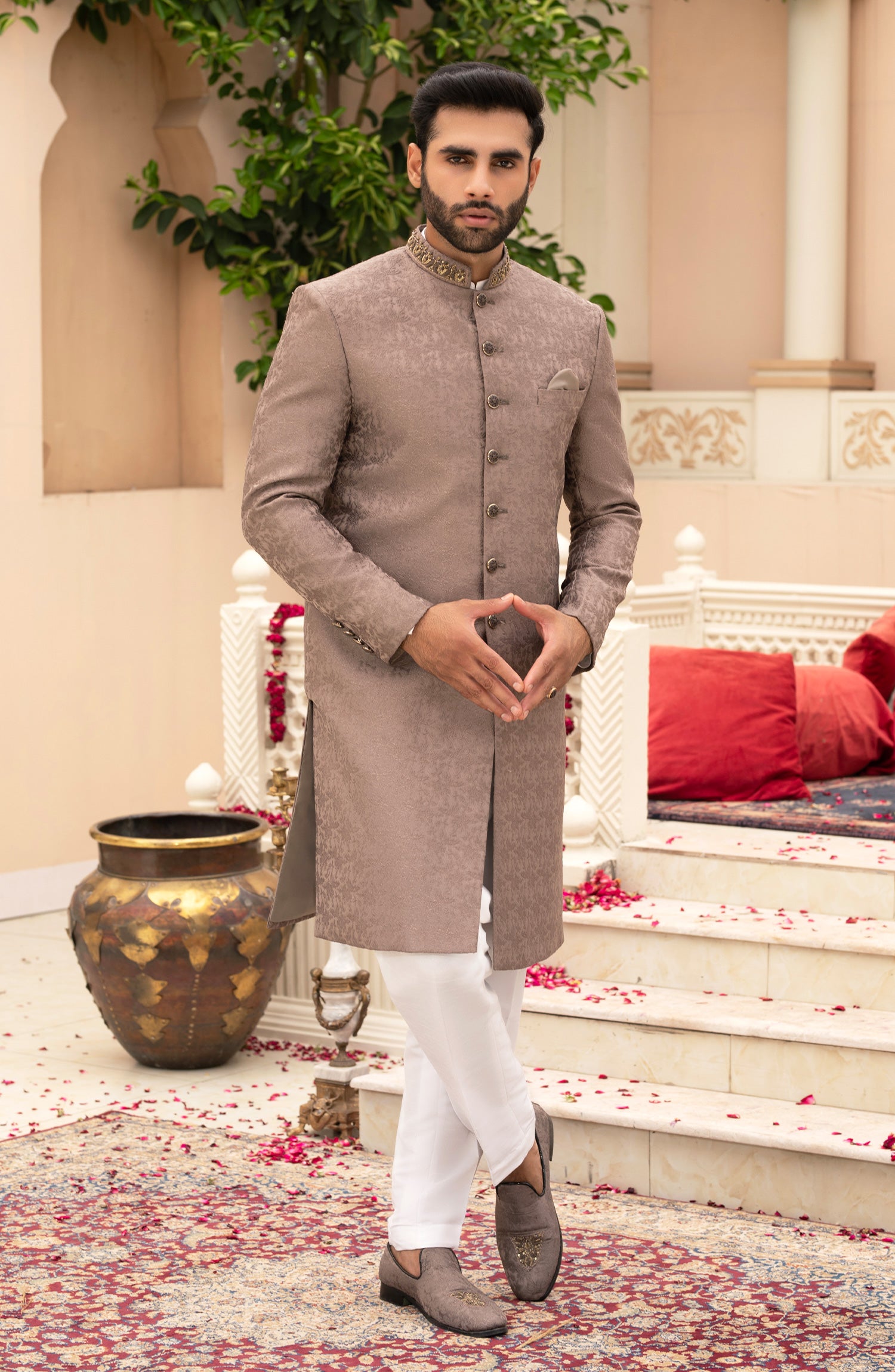 Beige Adaa Work Emboss Fabric Sherwani (3-Piece) - Image 1