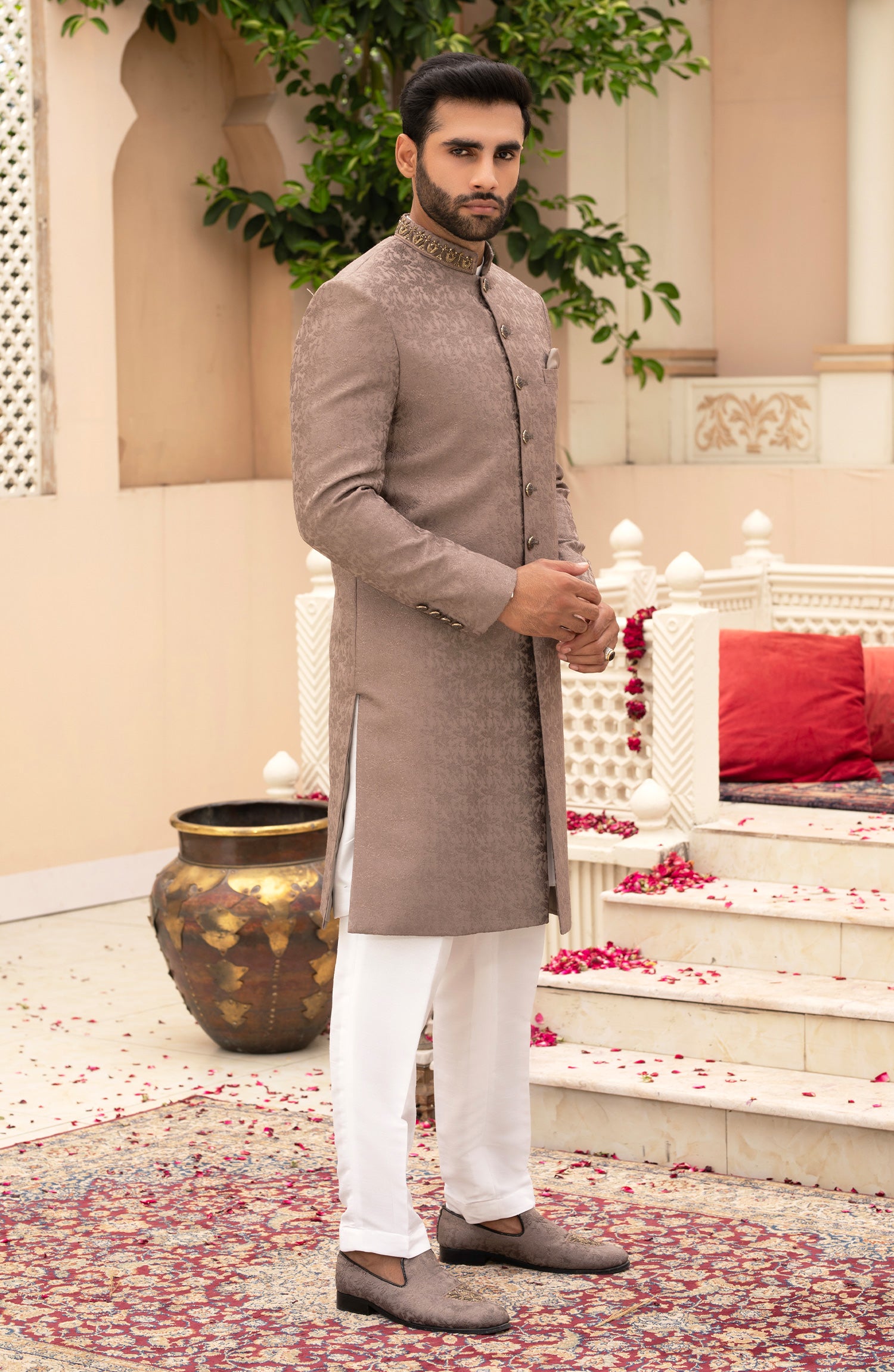 Beige Adaa Work Emboss Fabric Sherwani (3-Piece) - Image 3