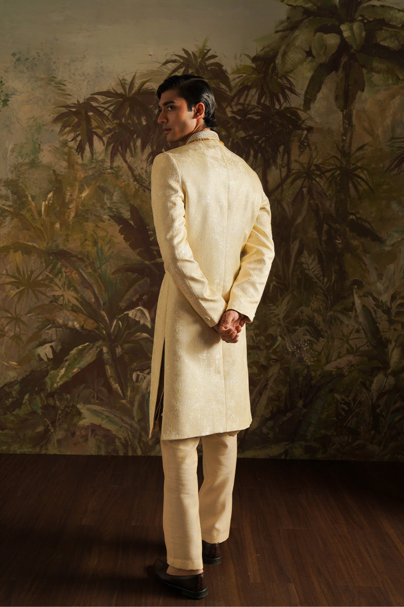 Beige Gold Handwoven Jacquard Sherwani (2-Piece) - Image 1