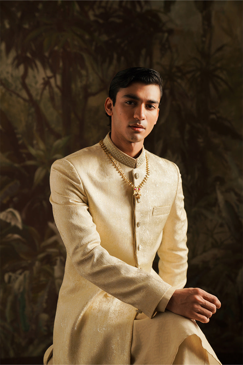 Beige Gold Handwoven Jacquard Sherwani (2-Piece) - Image 4