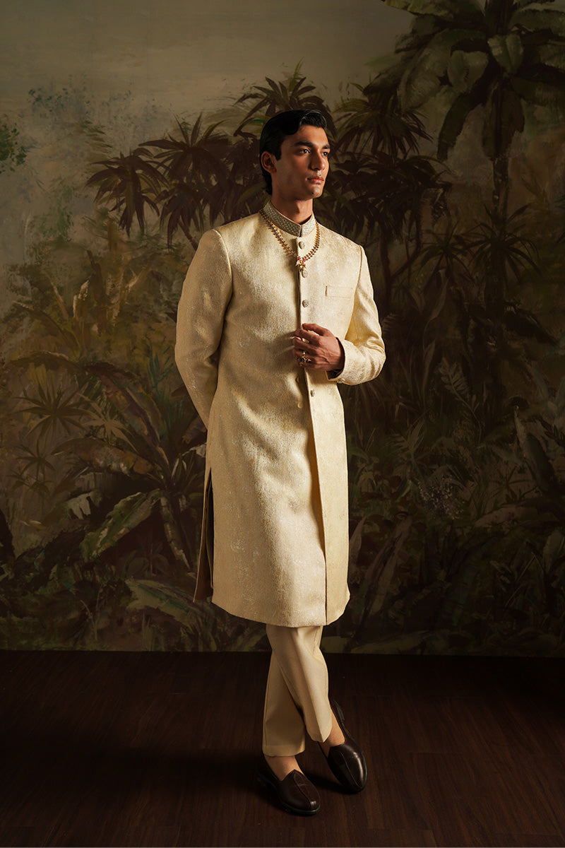 Beige Gold Handwoven Jacquard Sherwani (2-Piece) - Image 5