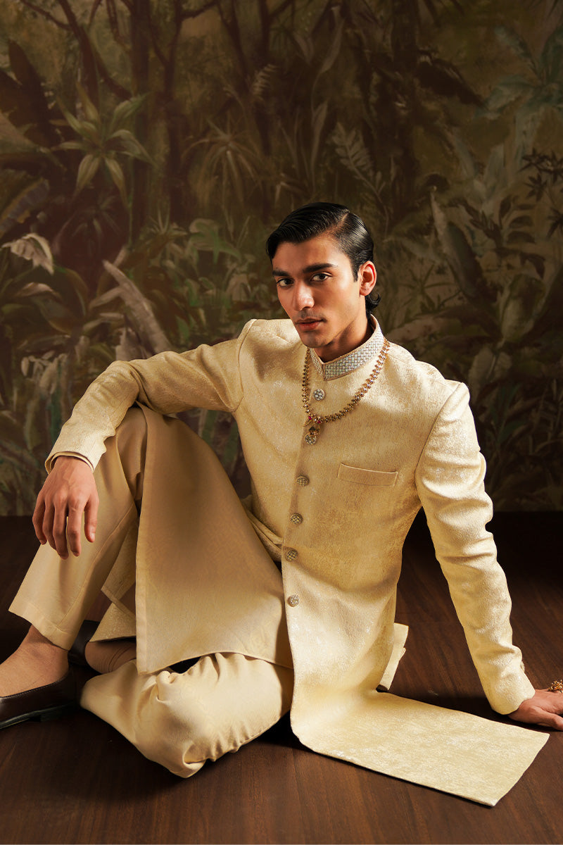 Beige Gold Handwoven Jacquard Sherwani (2-Piece) - Image 4