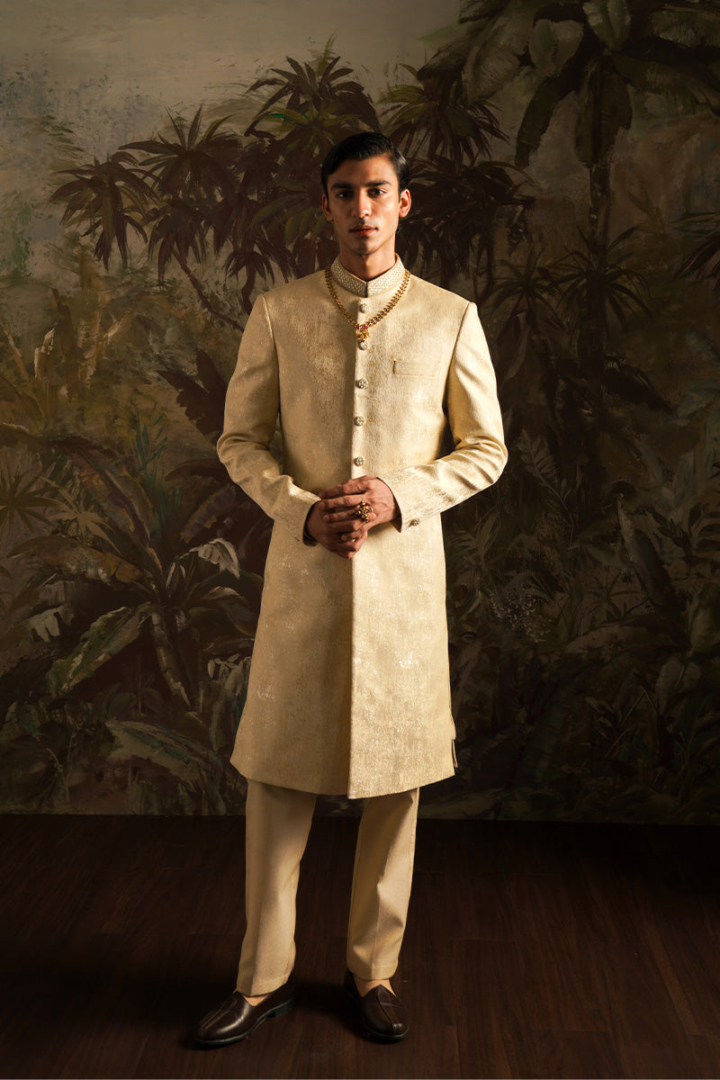 Beige Gold Handwoven Jacquard Sherwani (2-Piece) - Image 5